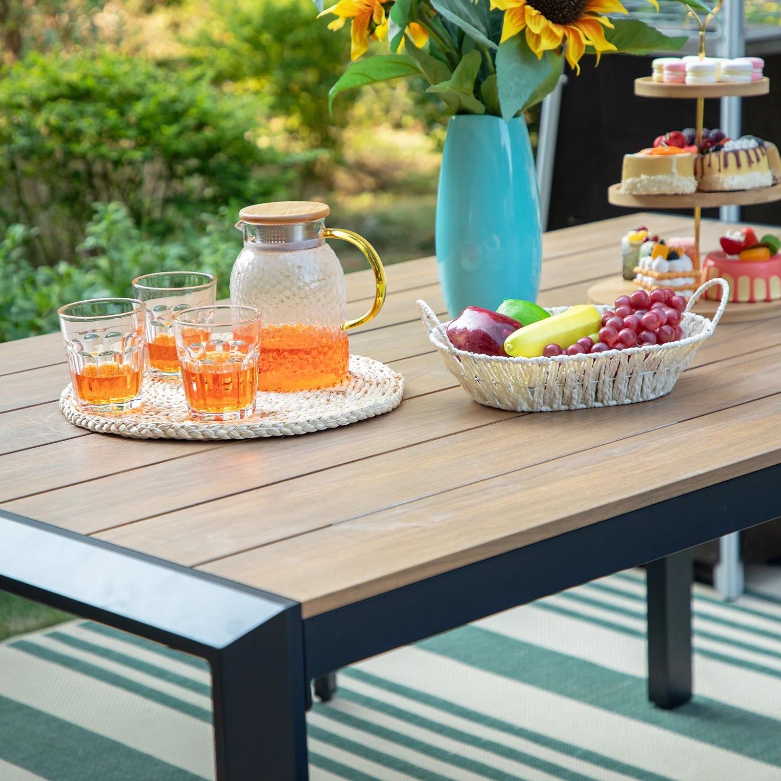 PHI VILLA 3-Piece Aluminum Wood-like Table & 2 Cushioned Benches Outdoor Dining Set