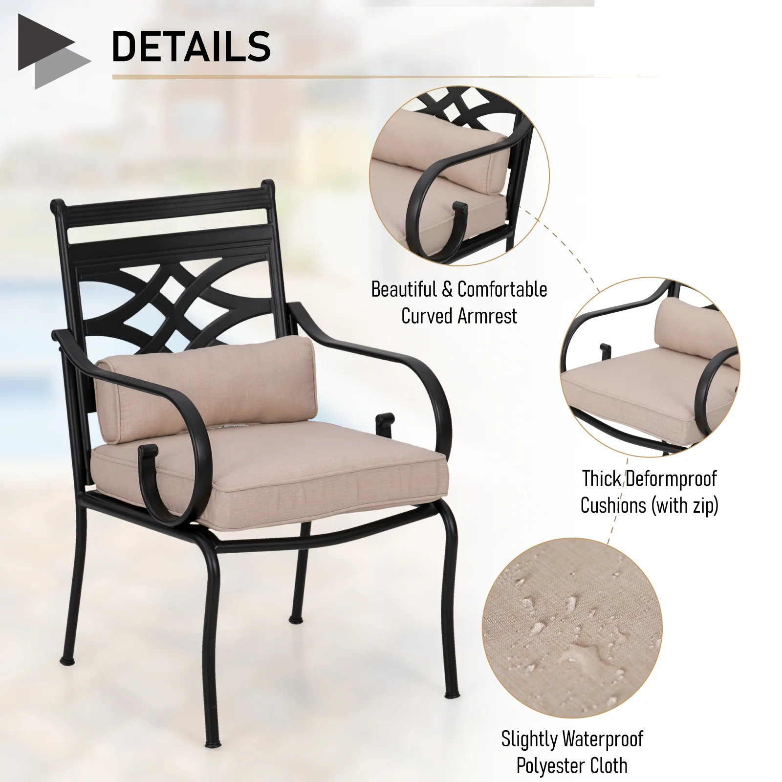 MFSTUDIO 7-Piece Outdoor Dining Set Steel Panel Table & Elegant Cast Iron Pattern Dining Chairs
