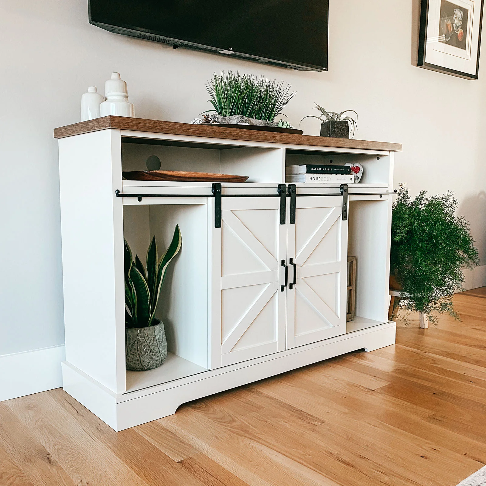 PHI VILLA Farmhouse Sliding Double Barn Door Cabinet TV Stand for TVs up to 55