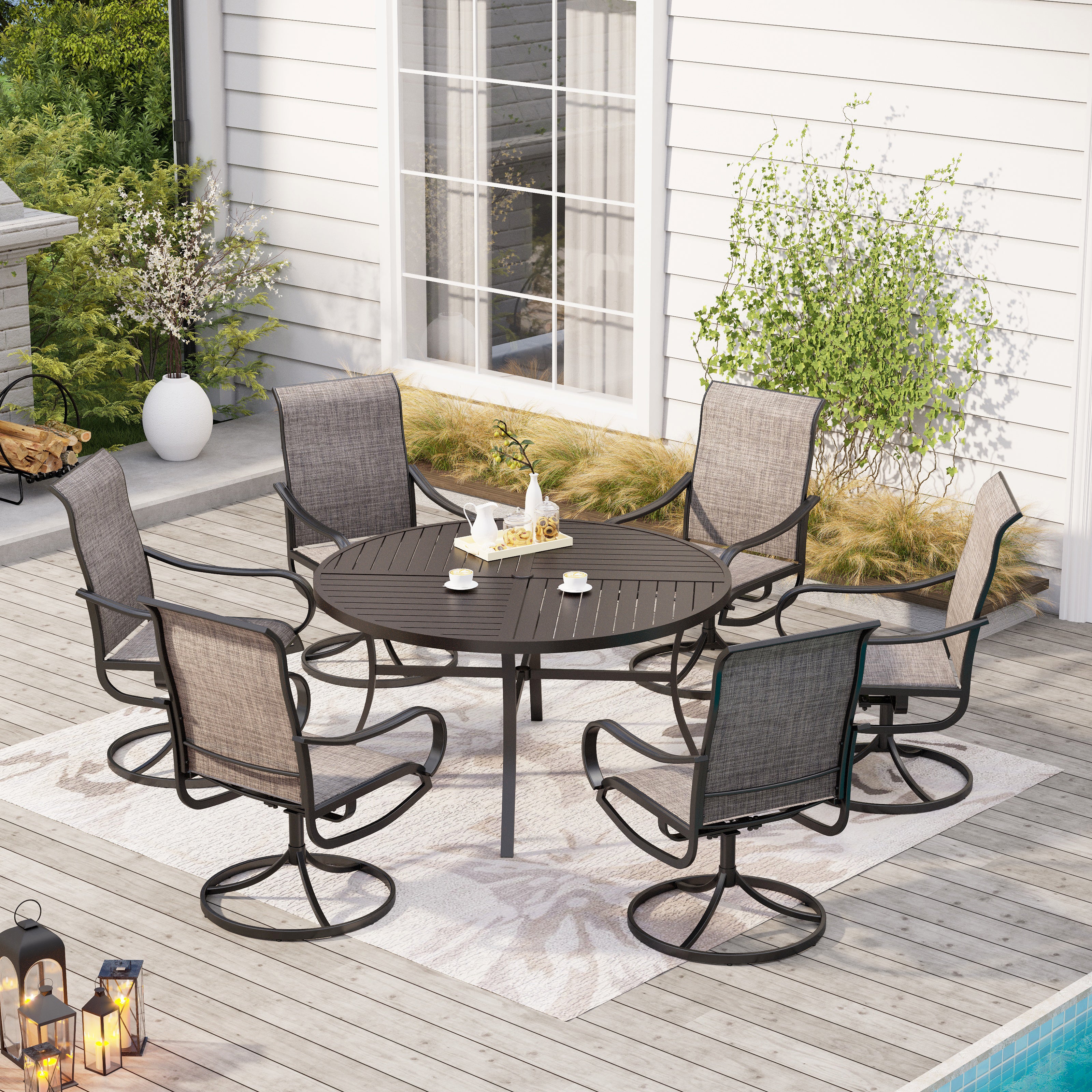 PHI VILLA 7-Piece Patio Dining Set Round Steel Table & Textilene Swivel Chairs