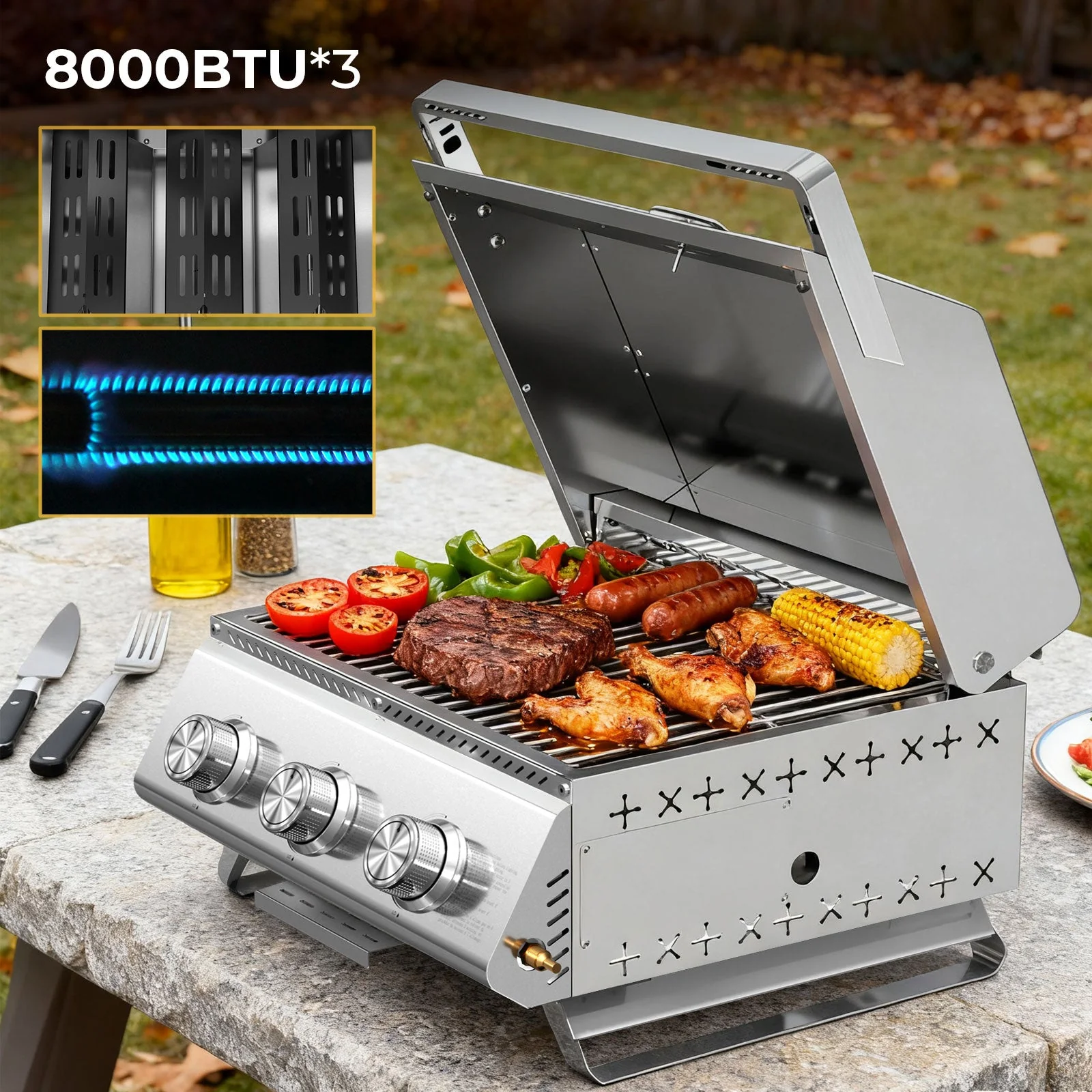 R.W.FLAME 3 Burner Tabletop Propane Gas Grill Stainless Steel Portable Outdoor BBQ Grill with Griddle