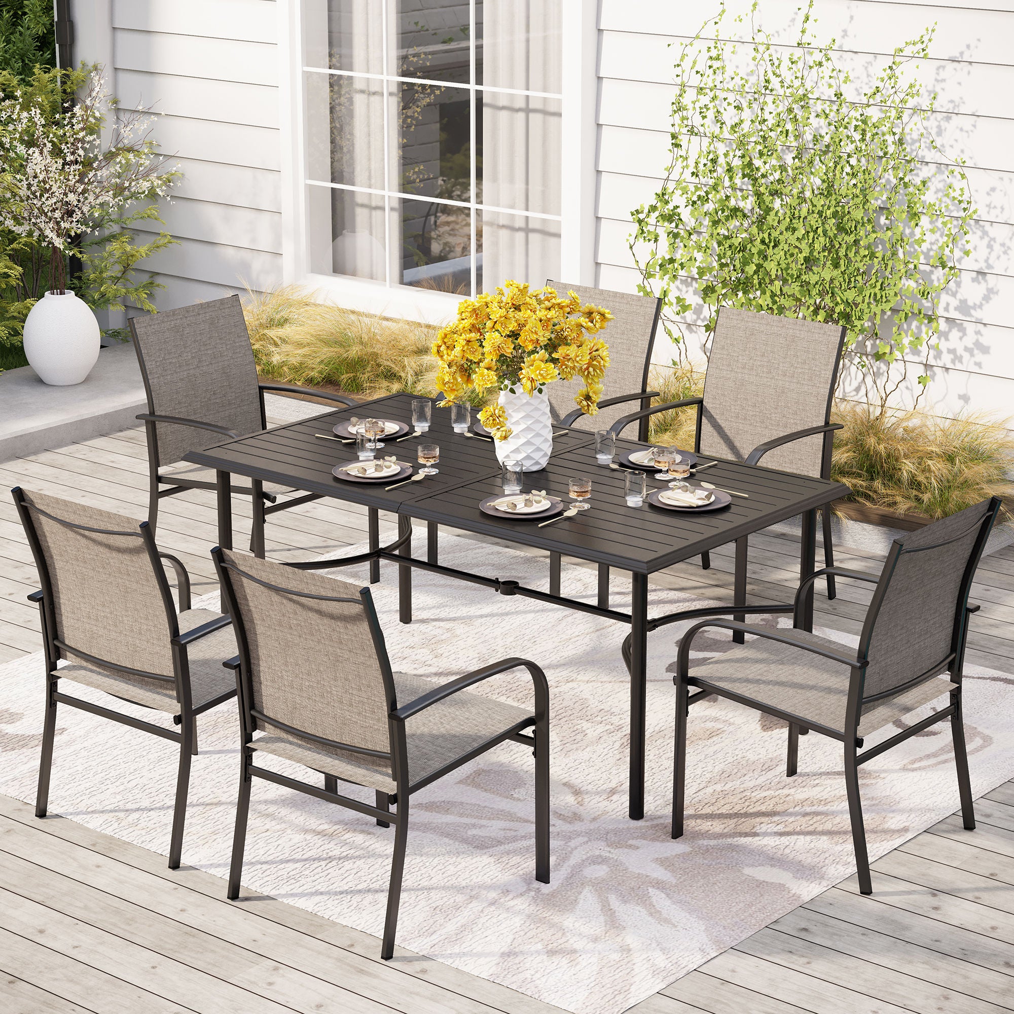 Sophia & William 7-Pcs Patio Dining Set Textilene Fixed Chairs & Steel Table