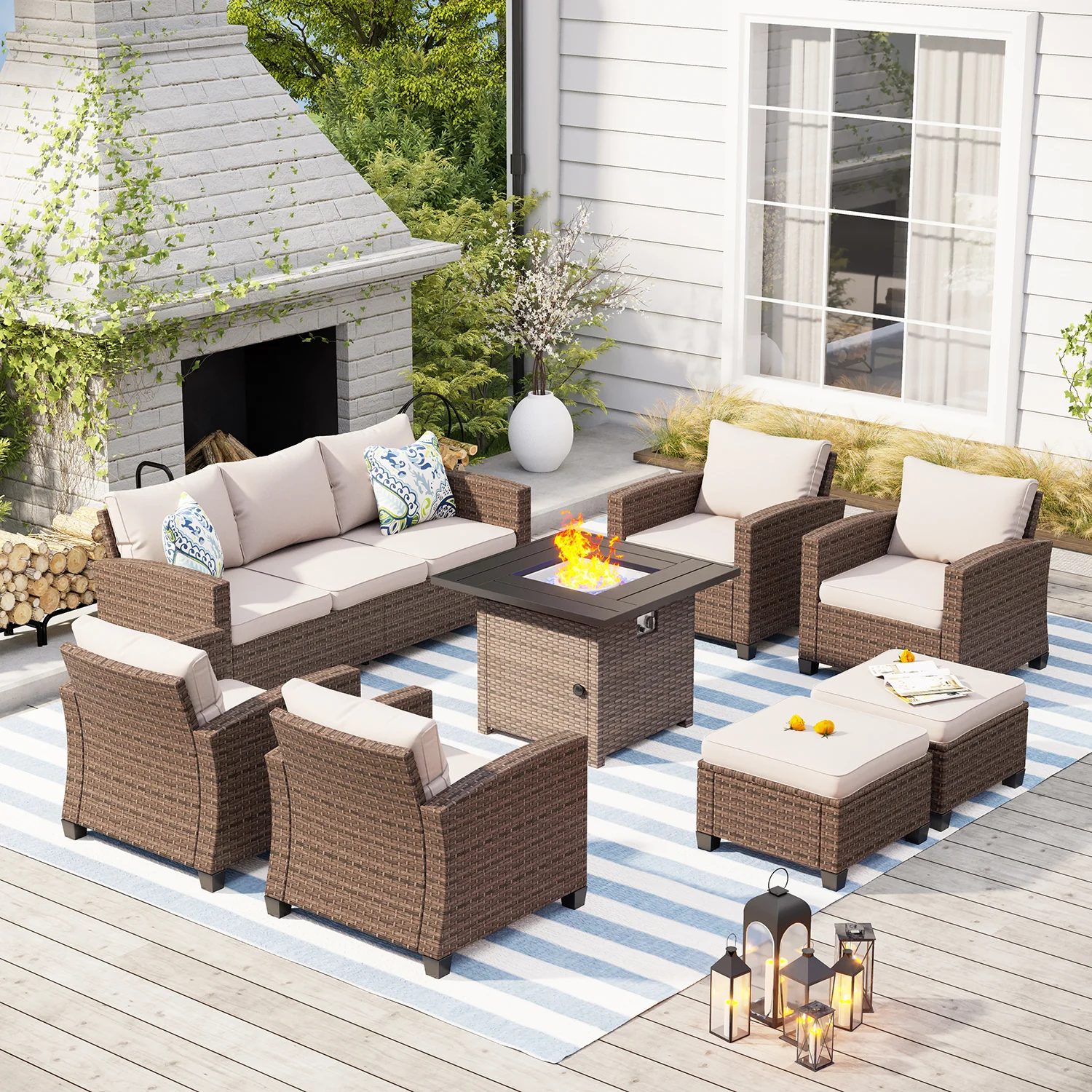 MFSTUDIO Thick-cushion Patio Rattan Sofa Set with Rattan Fire Pit Table