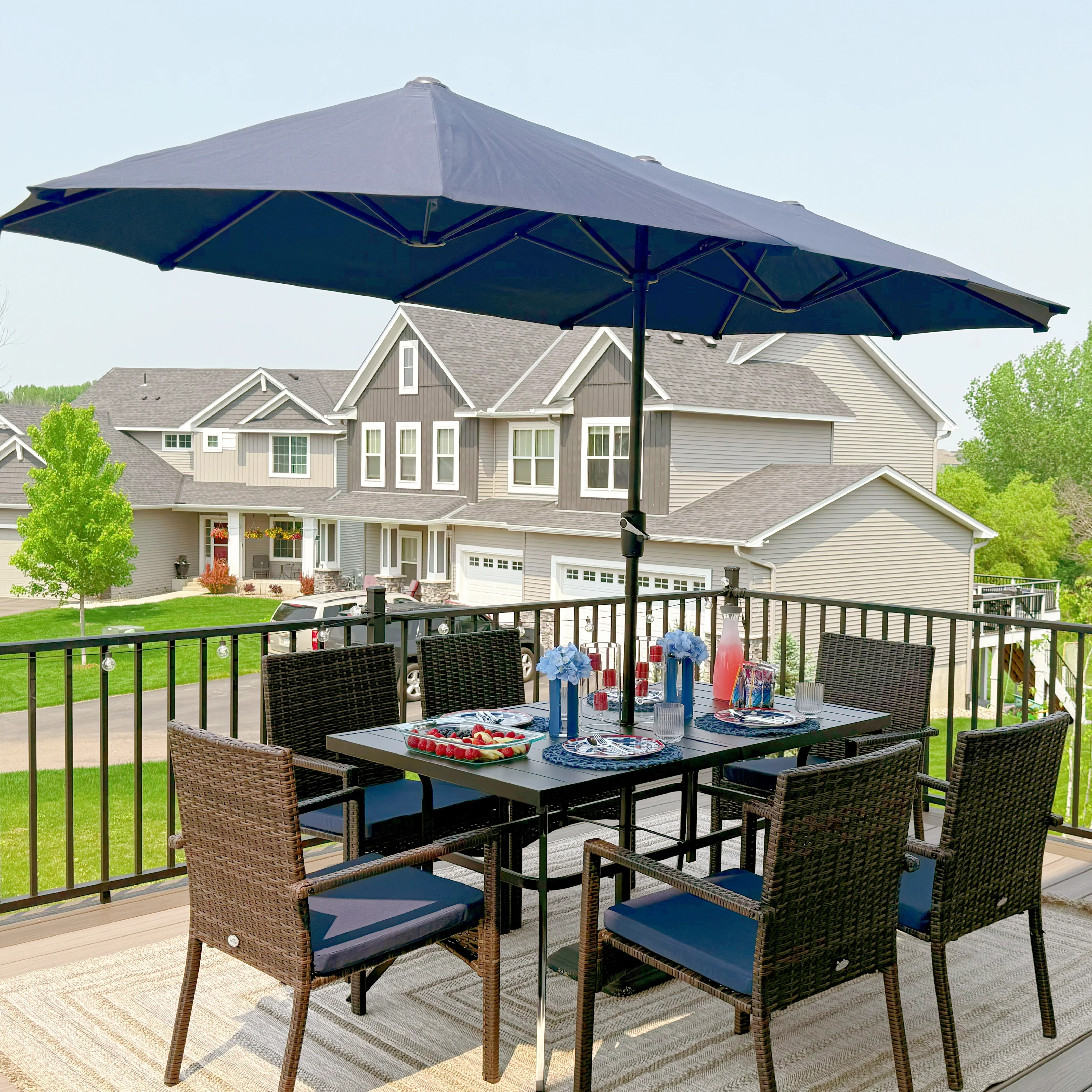 PHI VILLA  8-Piece 13ft Umbrella Patio Dining Set Rattan Chairs & Steel Panel Table