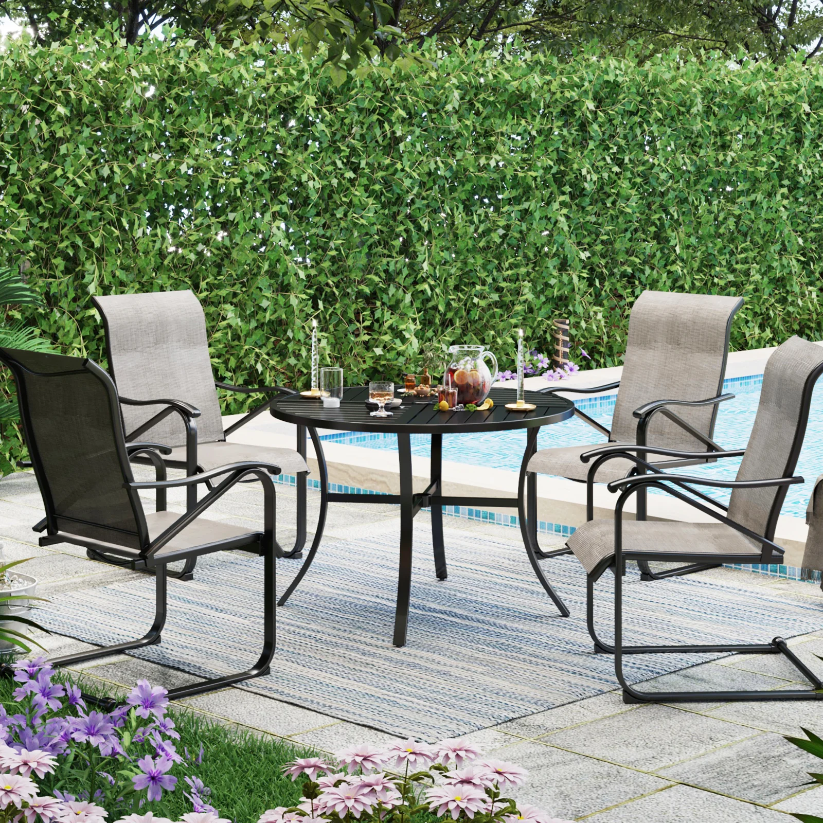 MFSTUDIO 5-Piece Patio Dining Set Textilene C-spring Chairs & Geometrically Stamped Round Table