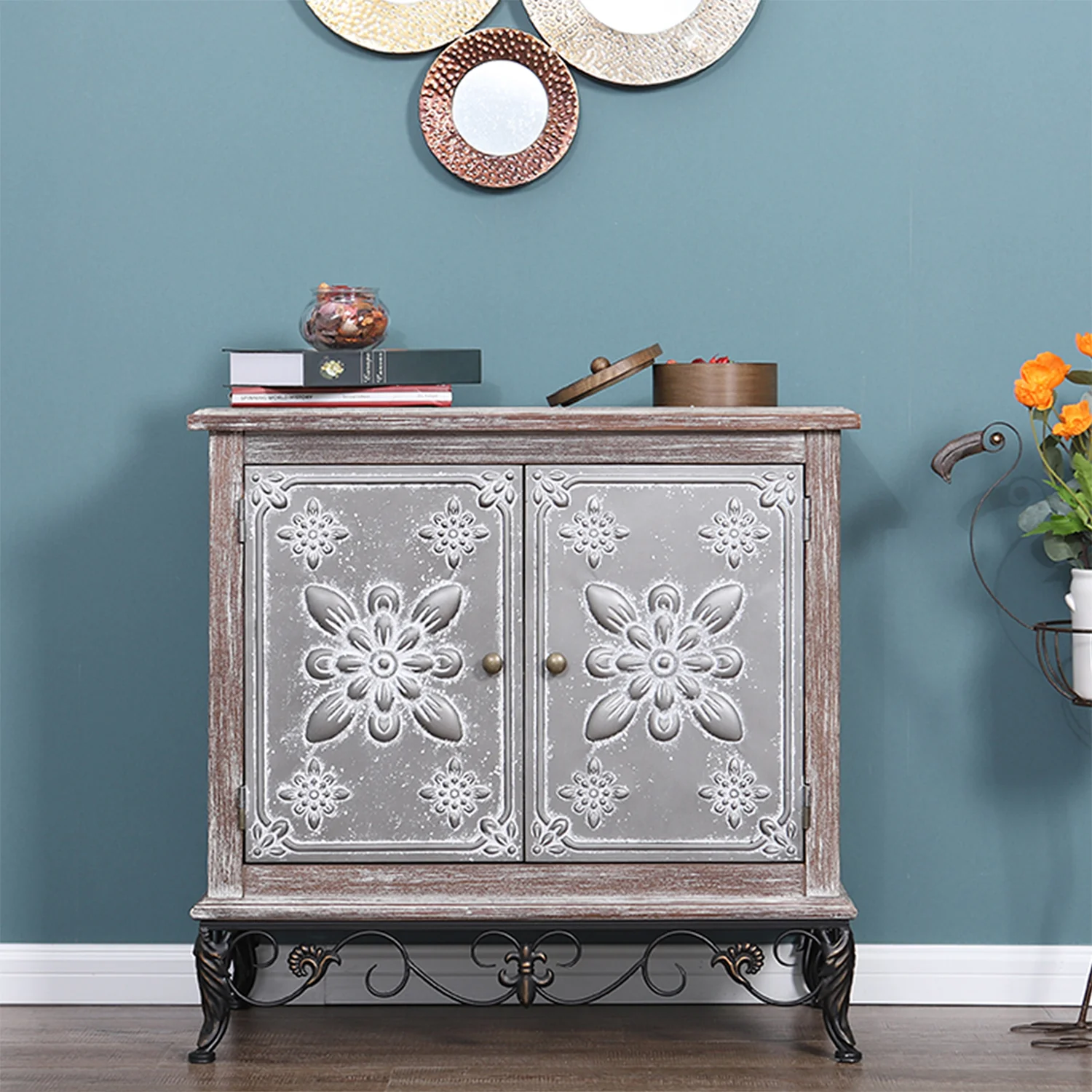 Stylish Silver Floral Accent Cabinet-MFSTUDIO