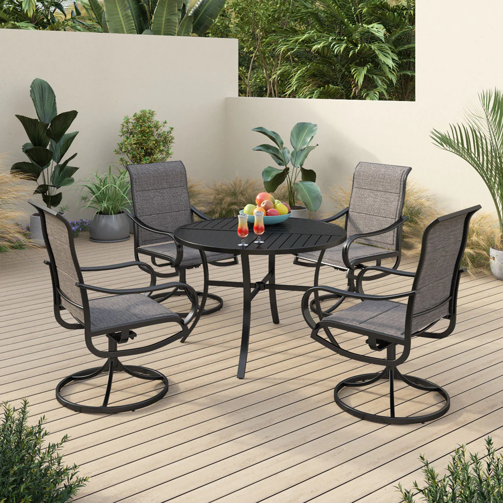 PHI VILLA 5-Piece Patio Dining Set Textilene Swivel Chairs & Geometrically Stamped Round Table