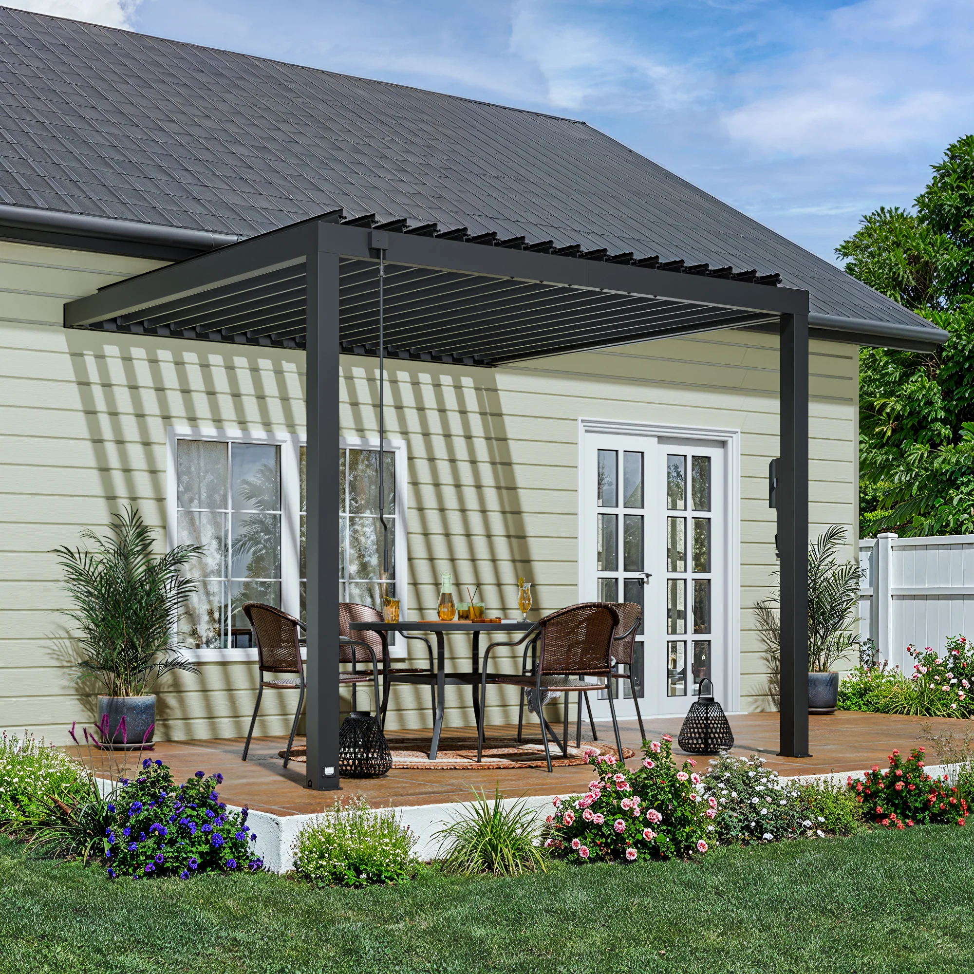 10x10 Evanston Wall Mounted Louvered Pergola