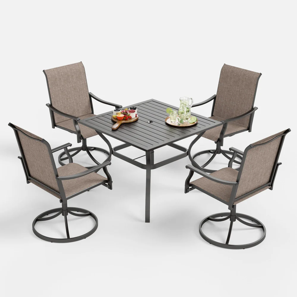Phi Villa 5-Piece Steel Square Table & Ergo Sling Swivel Chairs Outdoor Patio Dining Set