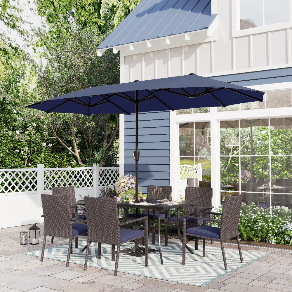 PHI VILLA  8-Piece 13ft Umbrella Patio Dining Set Rattan Chairs & Steel Panel Table