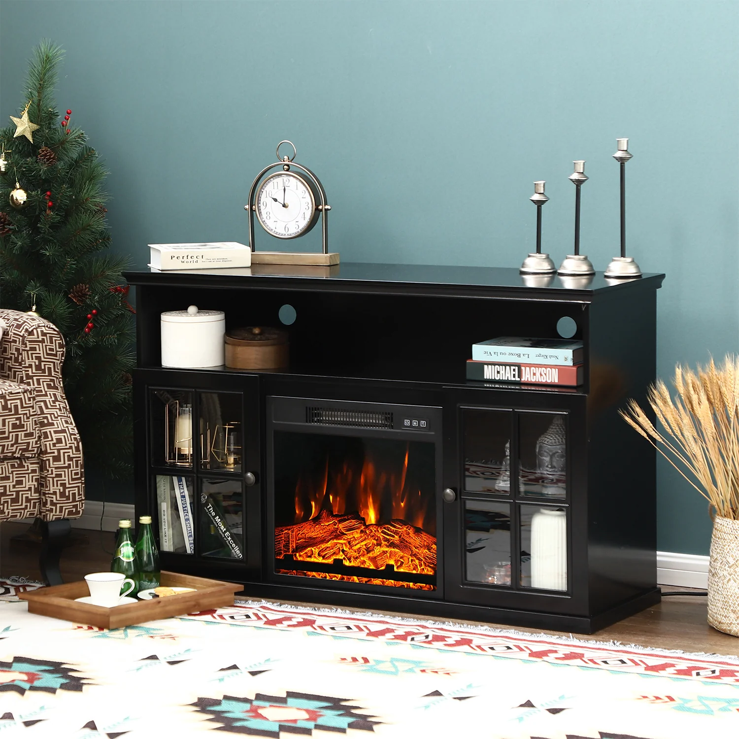 PHI VILLA 48'' Classic Glass Door Wooden Fireplace Cabinet Corner TV Stand with Electric Fireplace