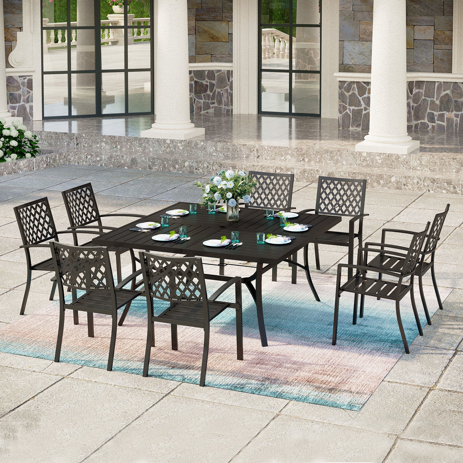 PHI VILLA 9-Piece Patio Dining Set Extra-large Square Table & Stackable Steel Fixed Chairs