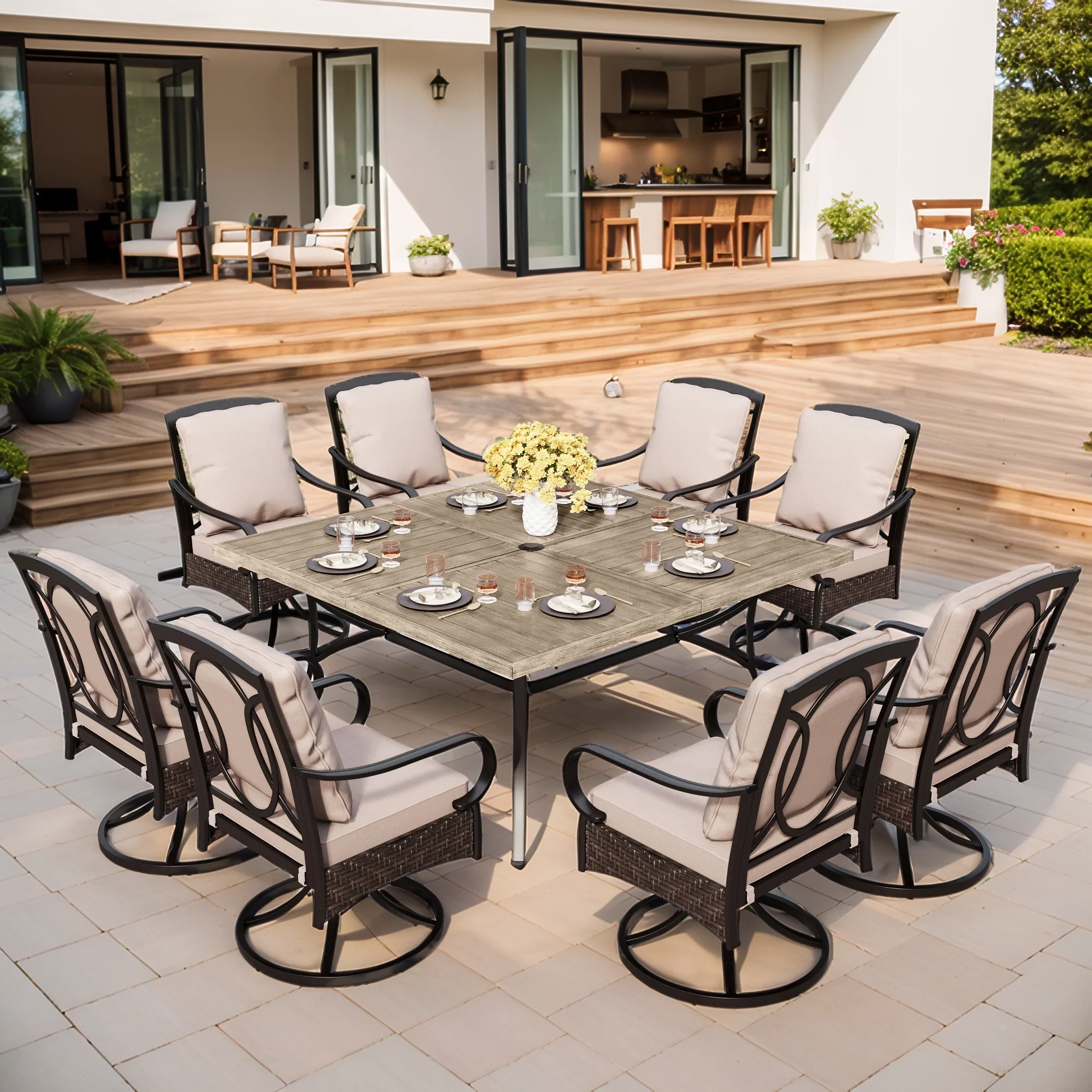 PHIVILLA  9-Piece Large Wood-grain Square Table & Rattan-Steel Cushioned Chairs