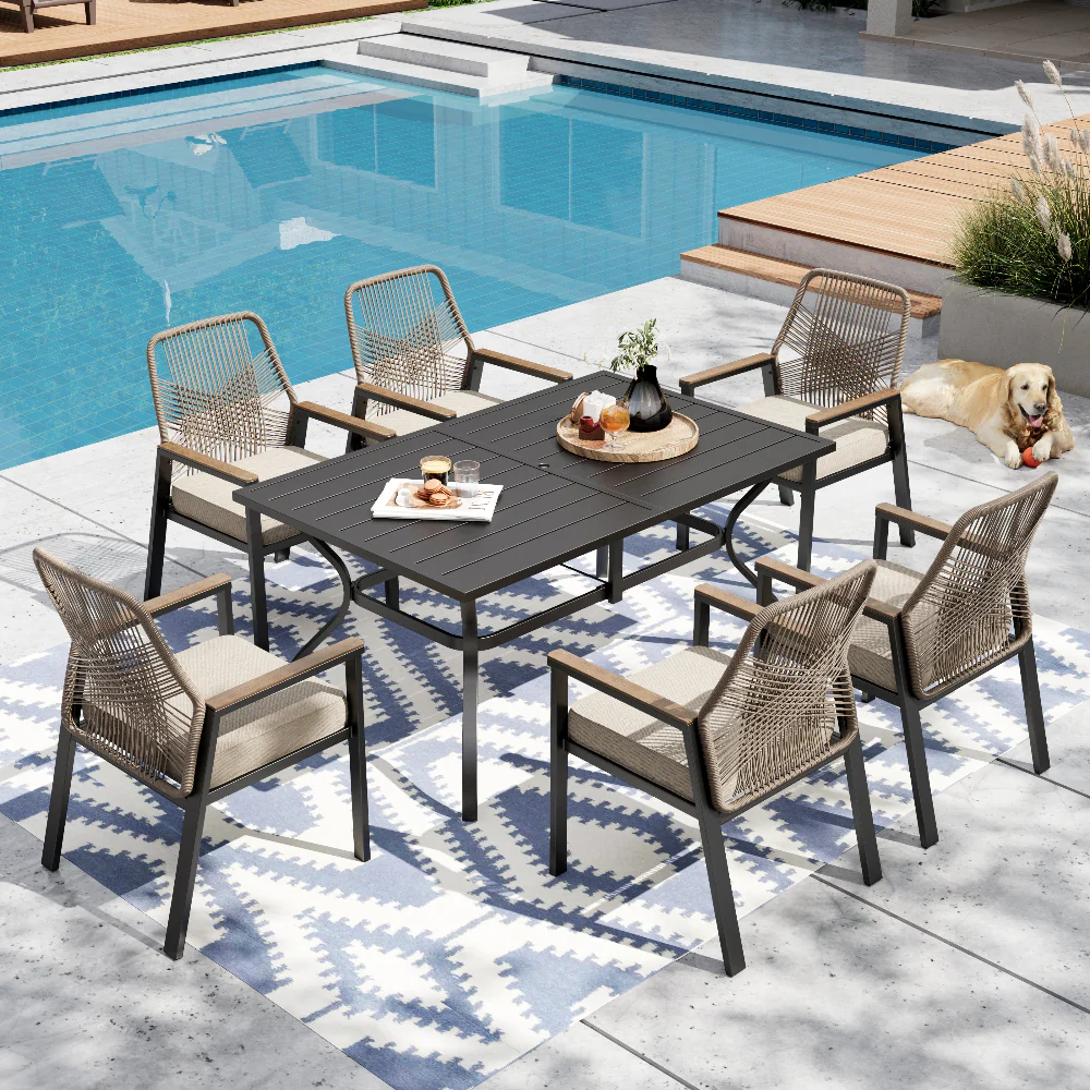 7-Piece Outdoor Patio Dining Set with Handcrafted Rattan Rope Chairs and Metal Table-PHI VILLA