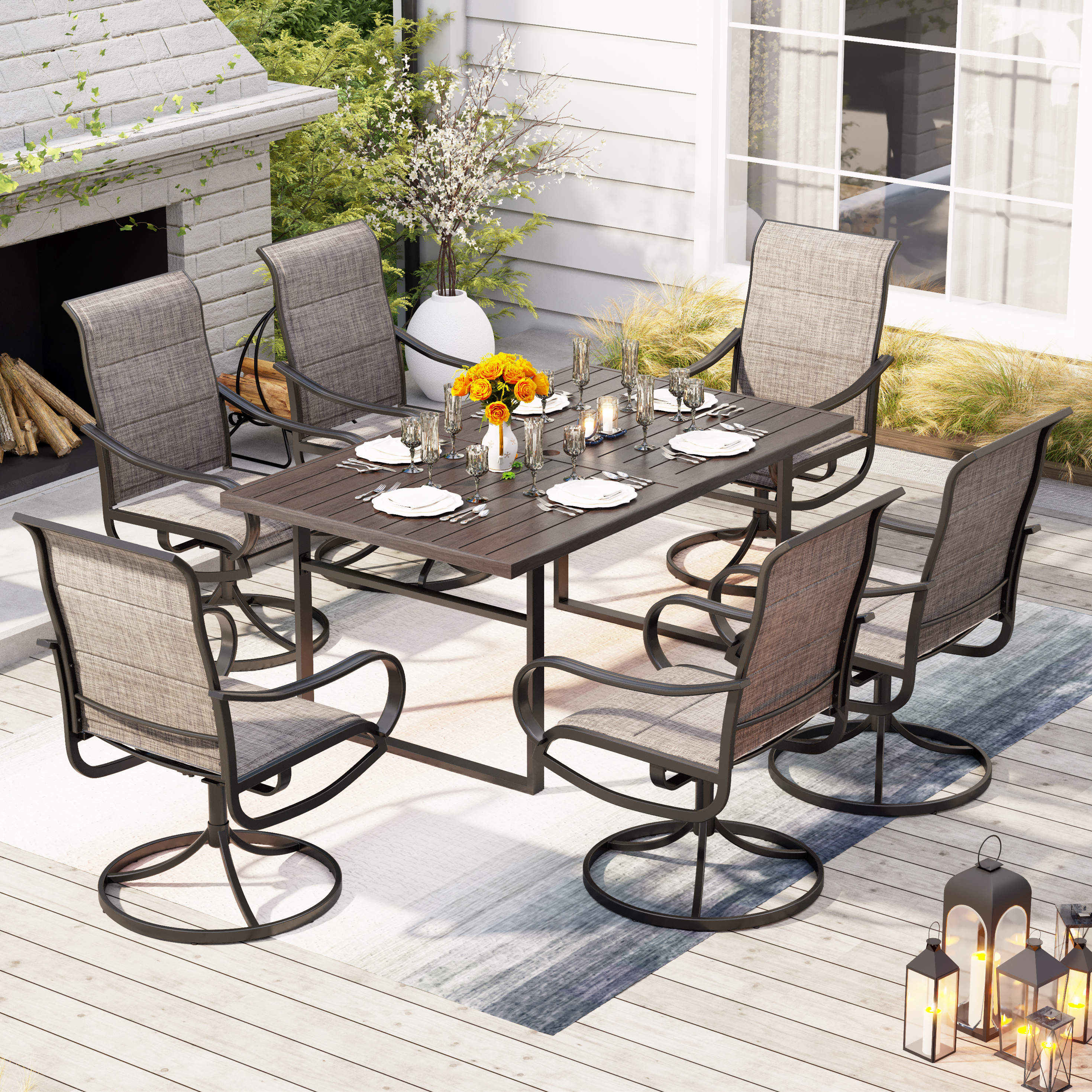 PHI VILLA 7-Piece Patio Dining Sets Wood-grain Pattern U-shaped-leg Table & Textilene Swivel Chairs