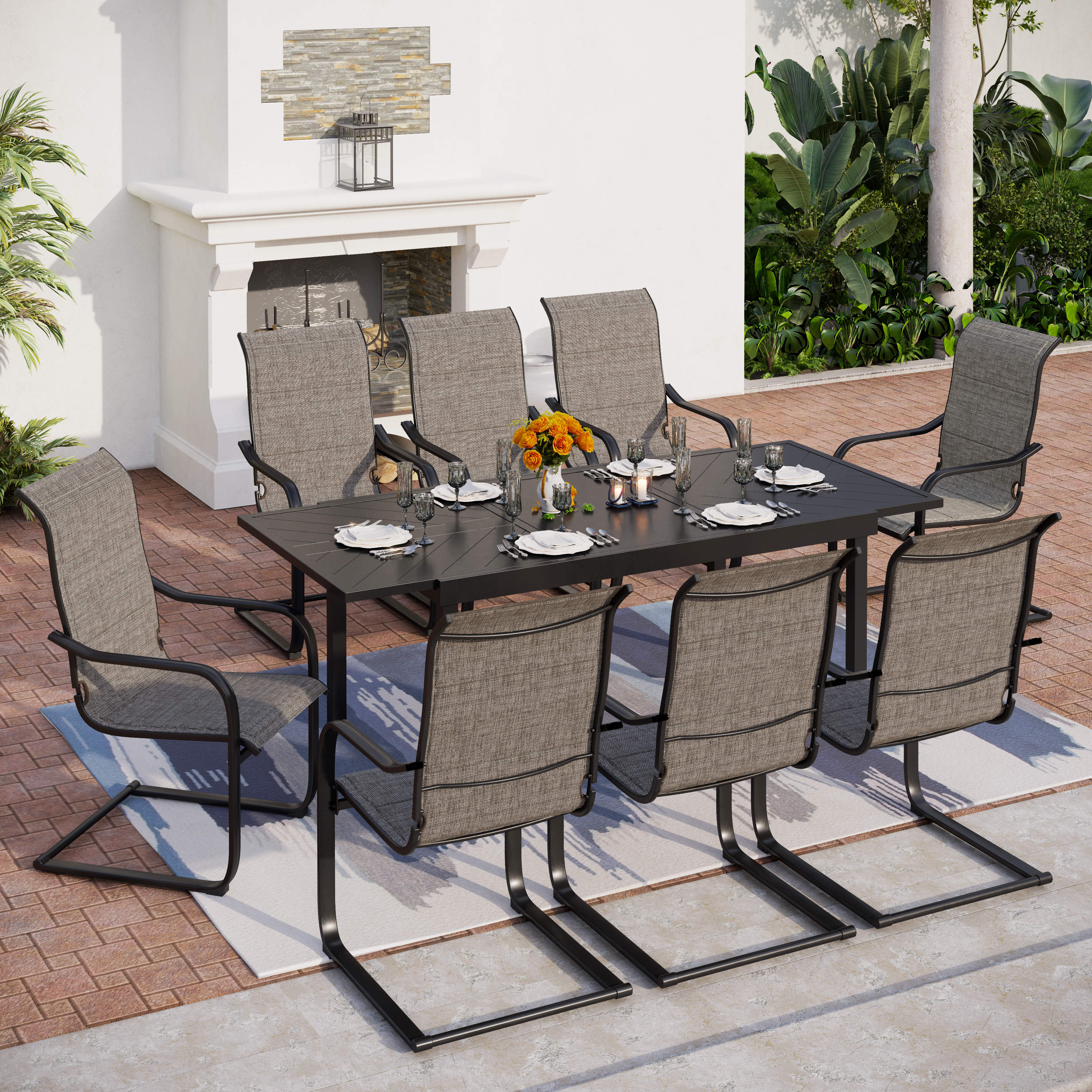 PHI VILLA 9/7-Piece Patio Dining Set Line-engraved Expandable Table & Padded High-back Textilene C-spring Chairs