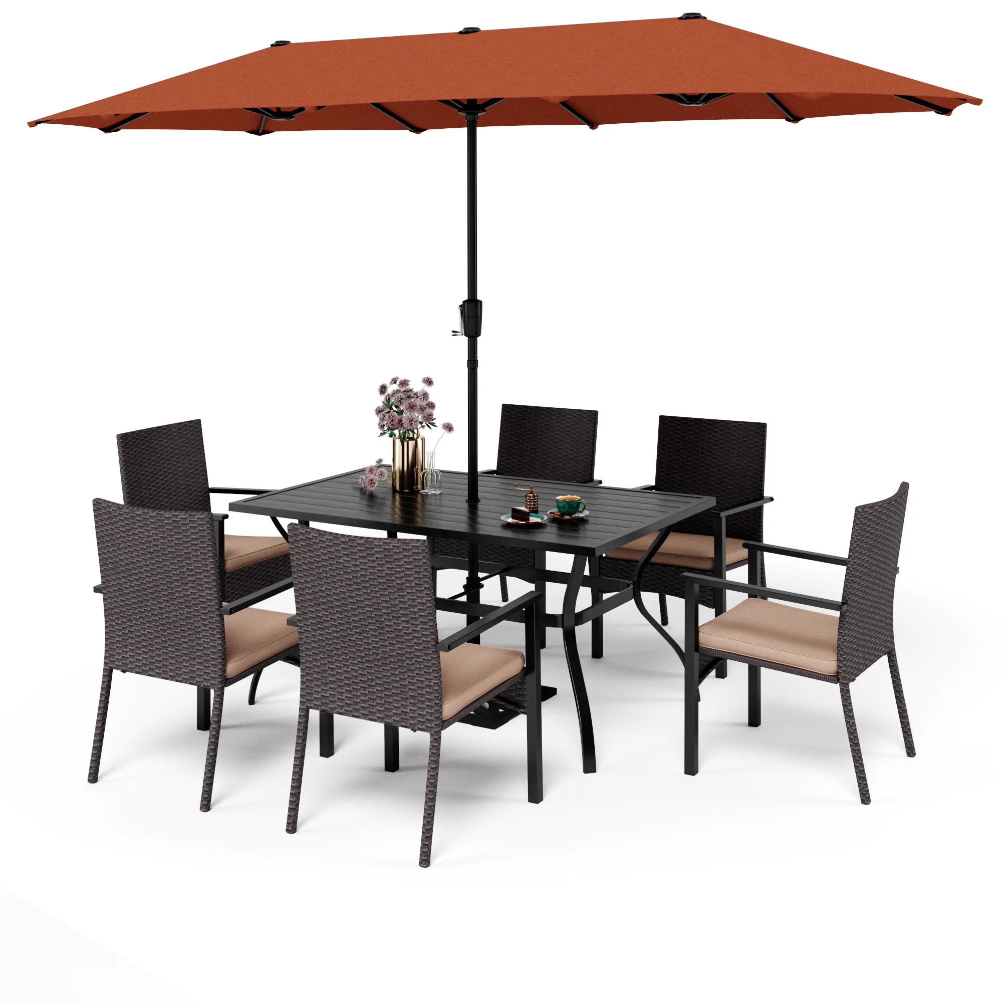 MFSTUDIO 8-Piece Steel Rectangle Table & Brown Rattan Cushion Chairs & 13ft Umbrella Patio Dining Set