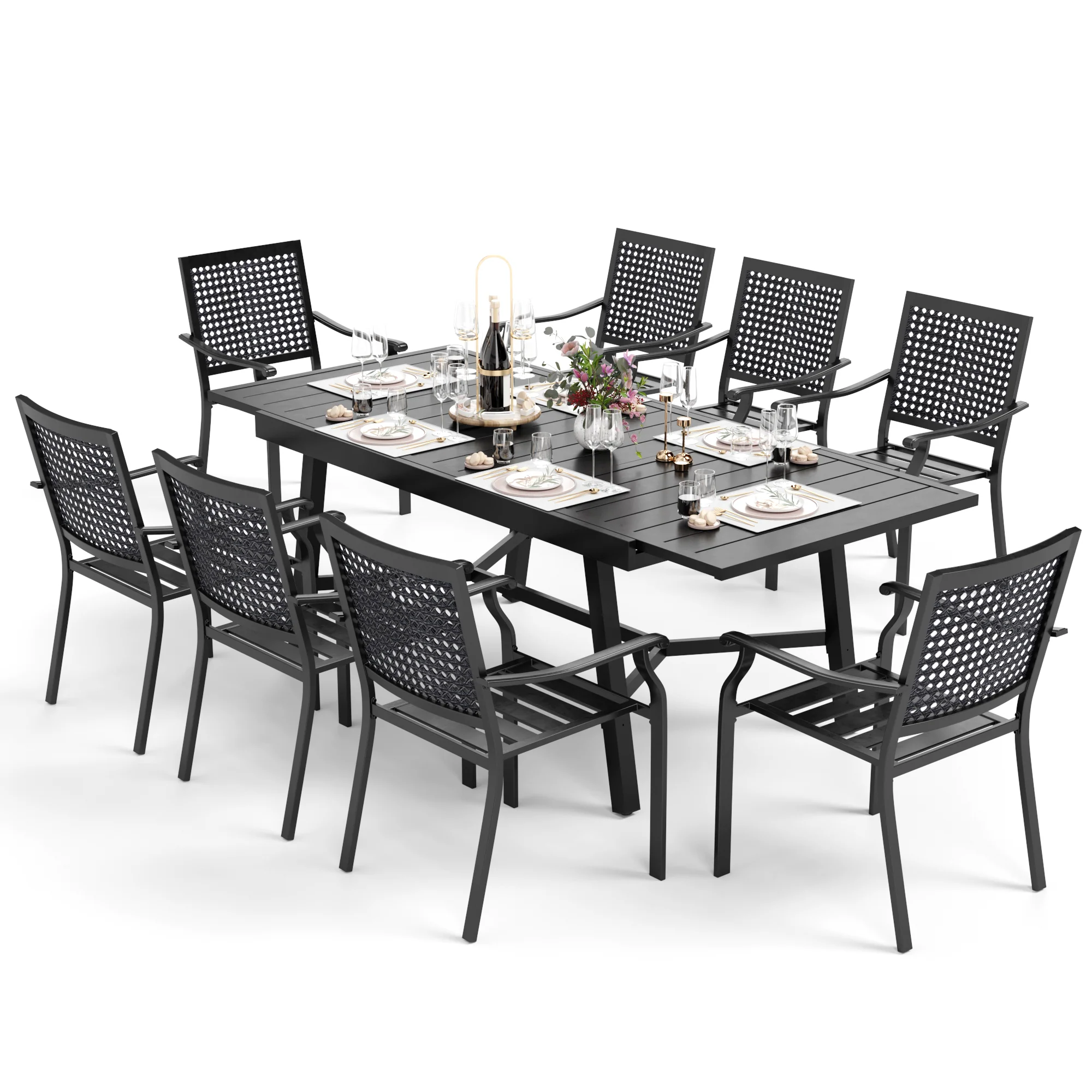 MFSTUDIO 9/7-Piece Patio Dining Set Reinforced Expandable Table & Stackable Chairs
