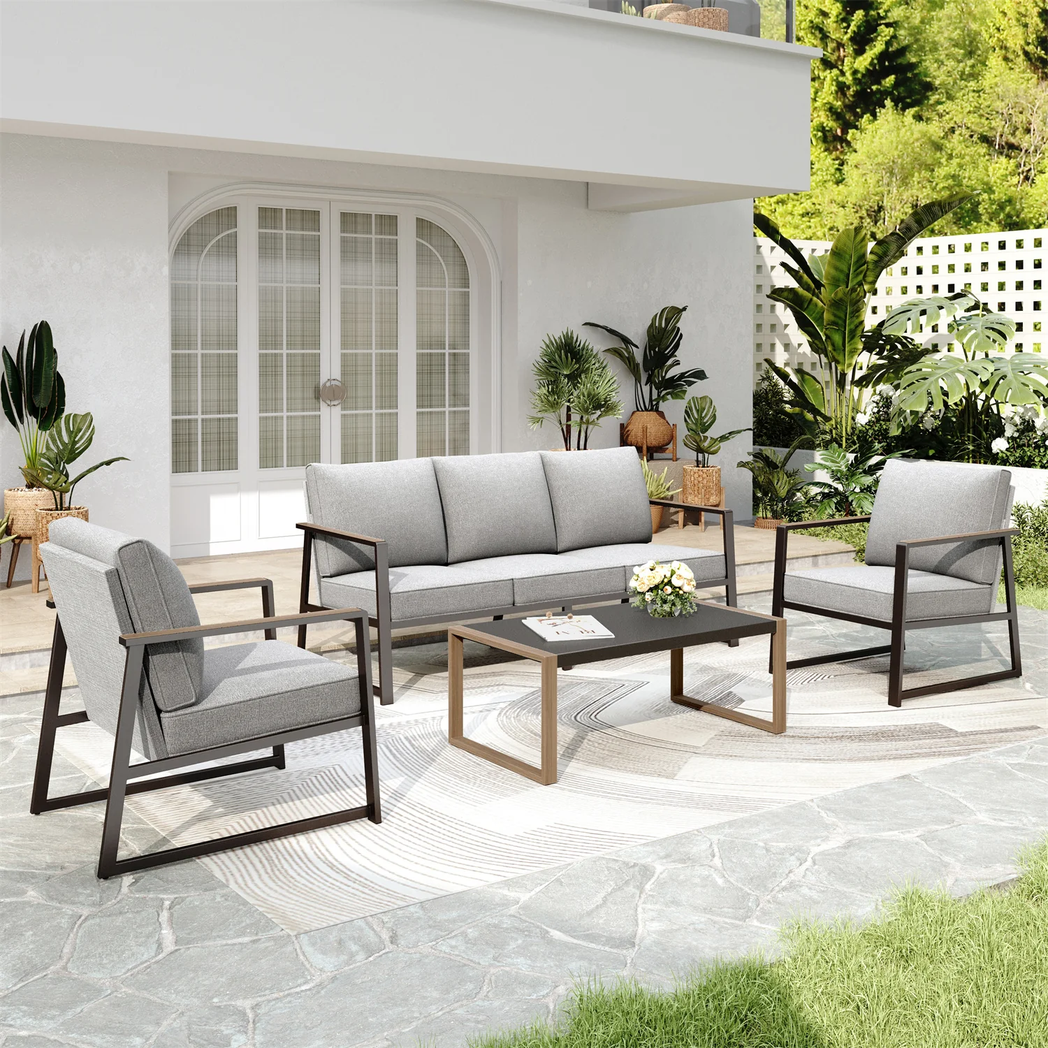 PHI VILLA 5-Seater Modern Textilene and Metal Outdoor Conversation Sofa Set