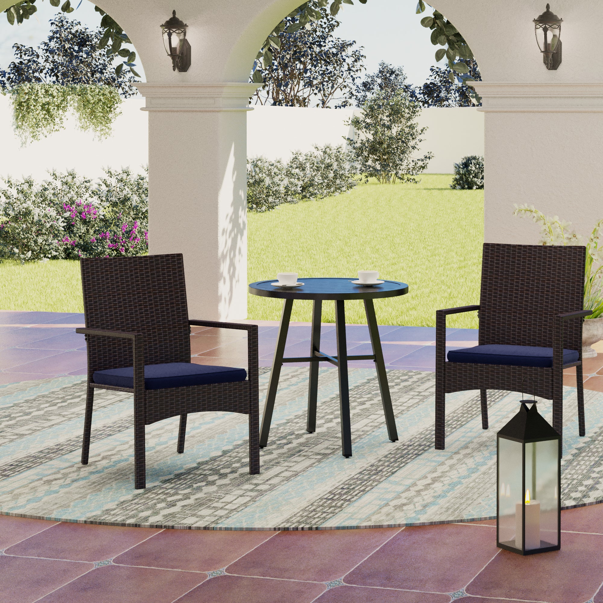 MFSTUDIO Small Round Table & Cushioned Rattan Dining Chairs 3-Piece Patio Bistro Set