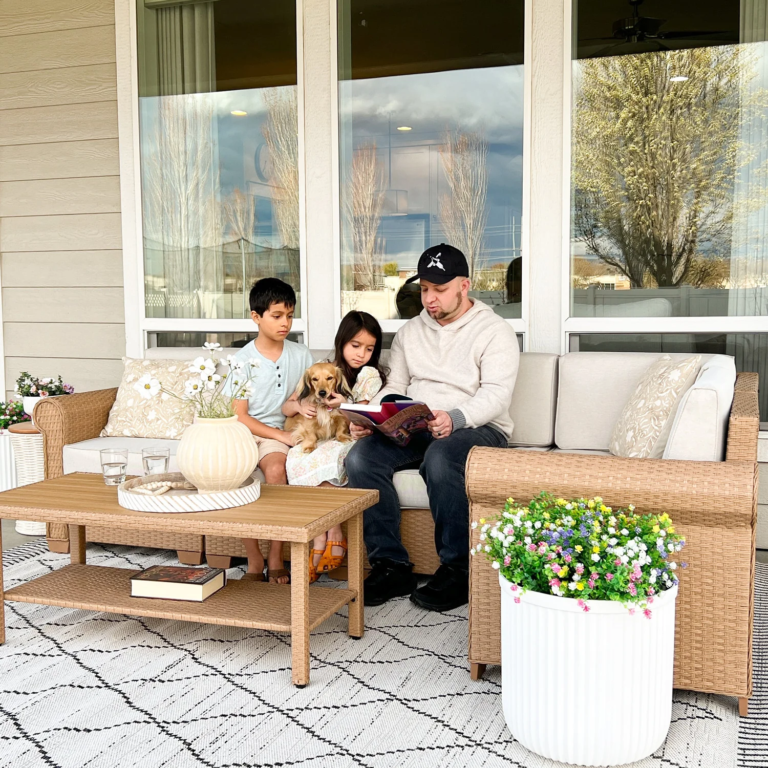 Phi Villa Outdoor Rattan Sofa Set with T-Shaped Sponge Cushion and Coffee Table