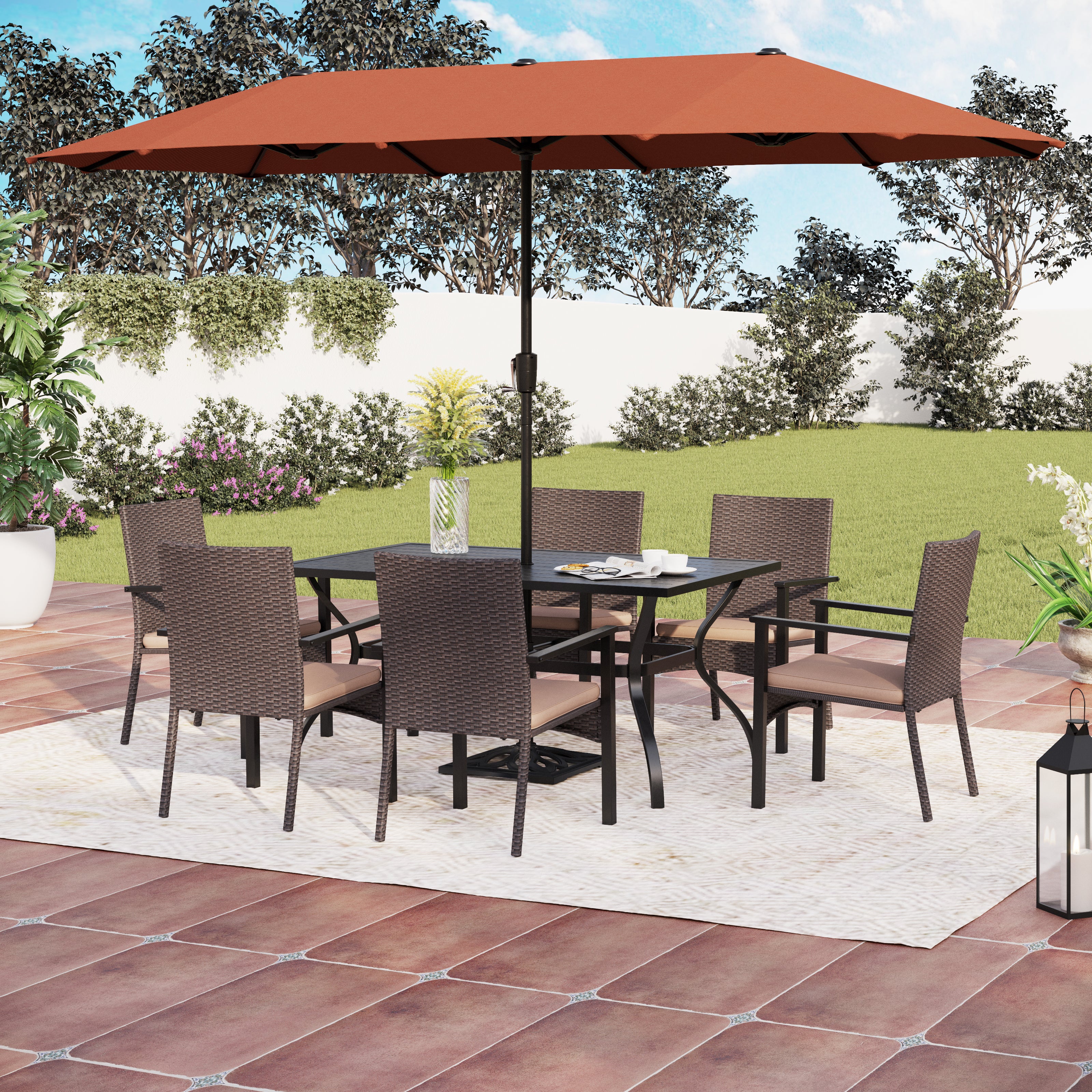 MFSTUDIO 8-Piece Steel Rectangle Table & Brown Rattan Cushion Chairs & 13ft Umbrella Patio Dining Set