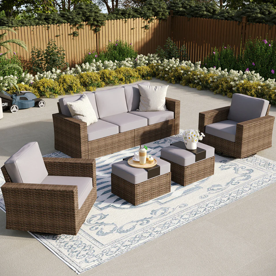 Phi Villa Luxury 5 Seats Wicker Patio Conversation Sofa Set with Swivel Chairs