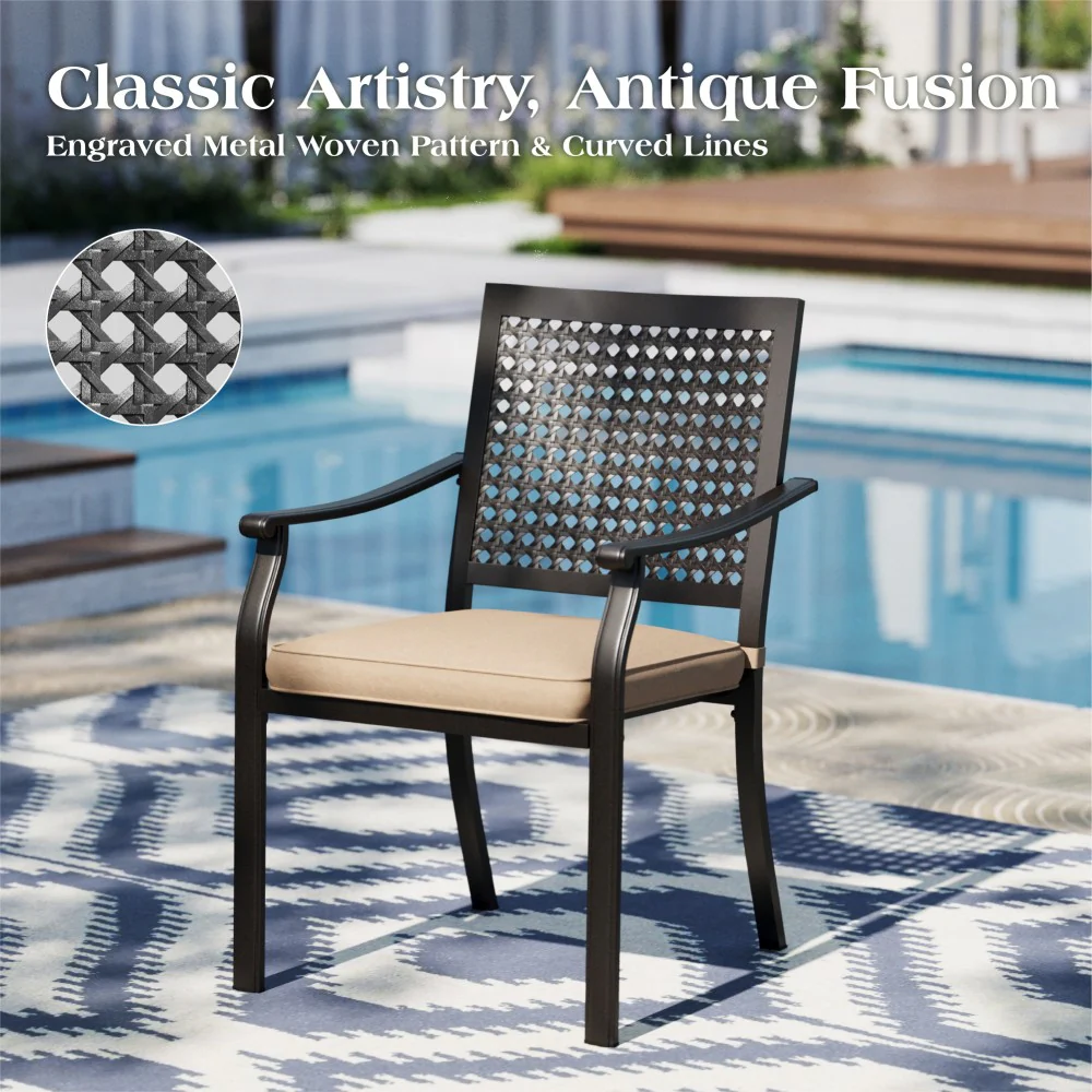 MFSTUDIO 7-Piece Patio Dining Set Round Table & Bullseye Patterned Steel Chairs