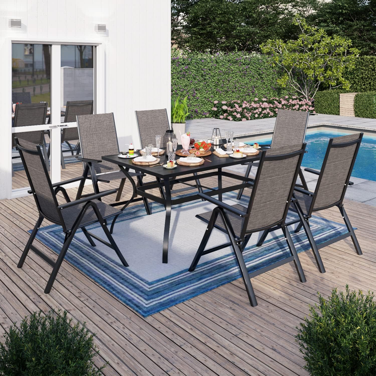 Sophia & William 7PC Steel Panel Rectangle Table & 6 Textilene Reclining Foldable Chairs Patio Outdoor Dining Set