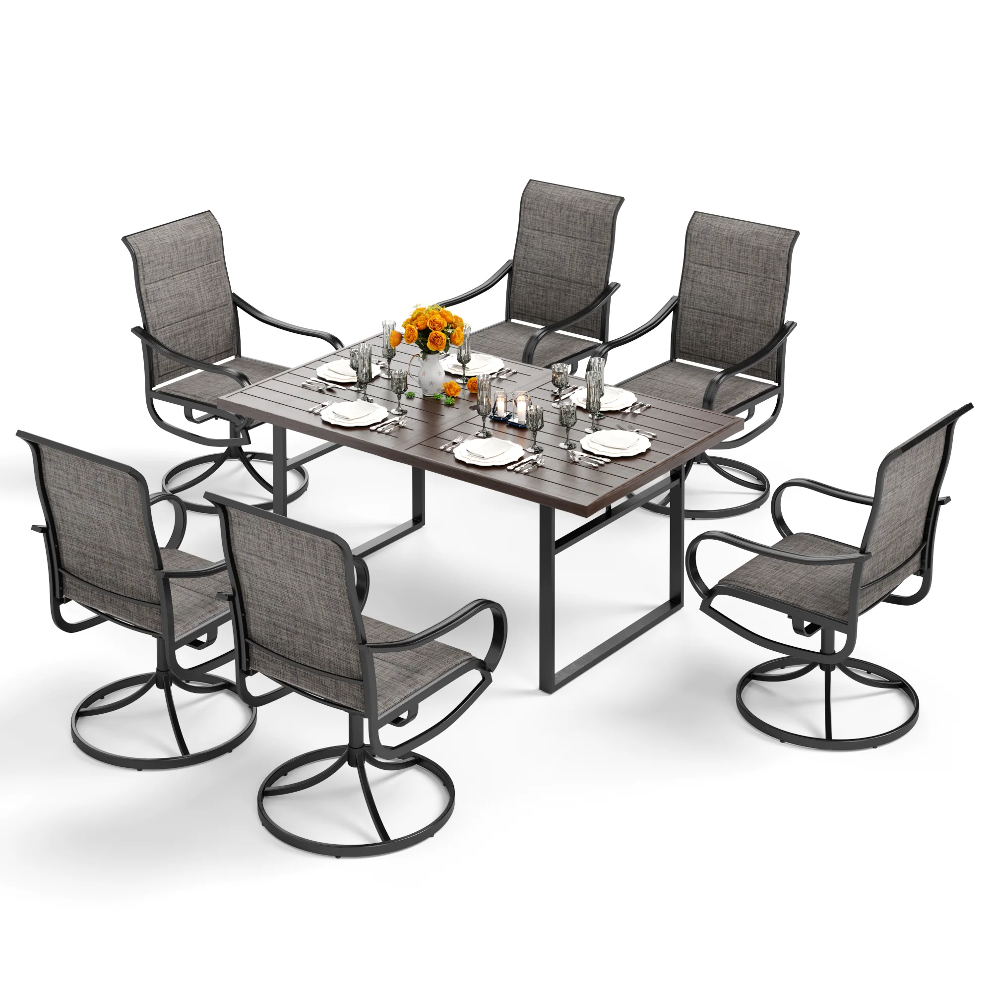 PHI VILLA 7-Piece Patio Dining Sets Wood-grain Pattern U-shaped-leg Table & Textilene Swivel Chairs