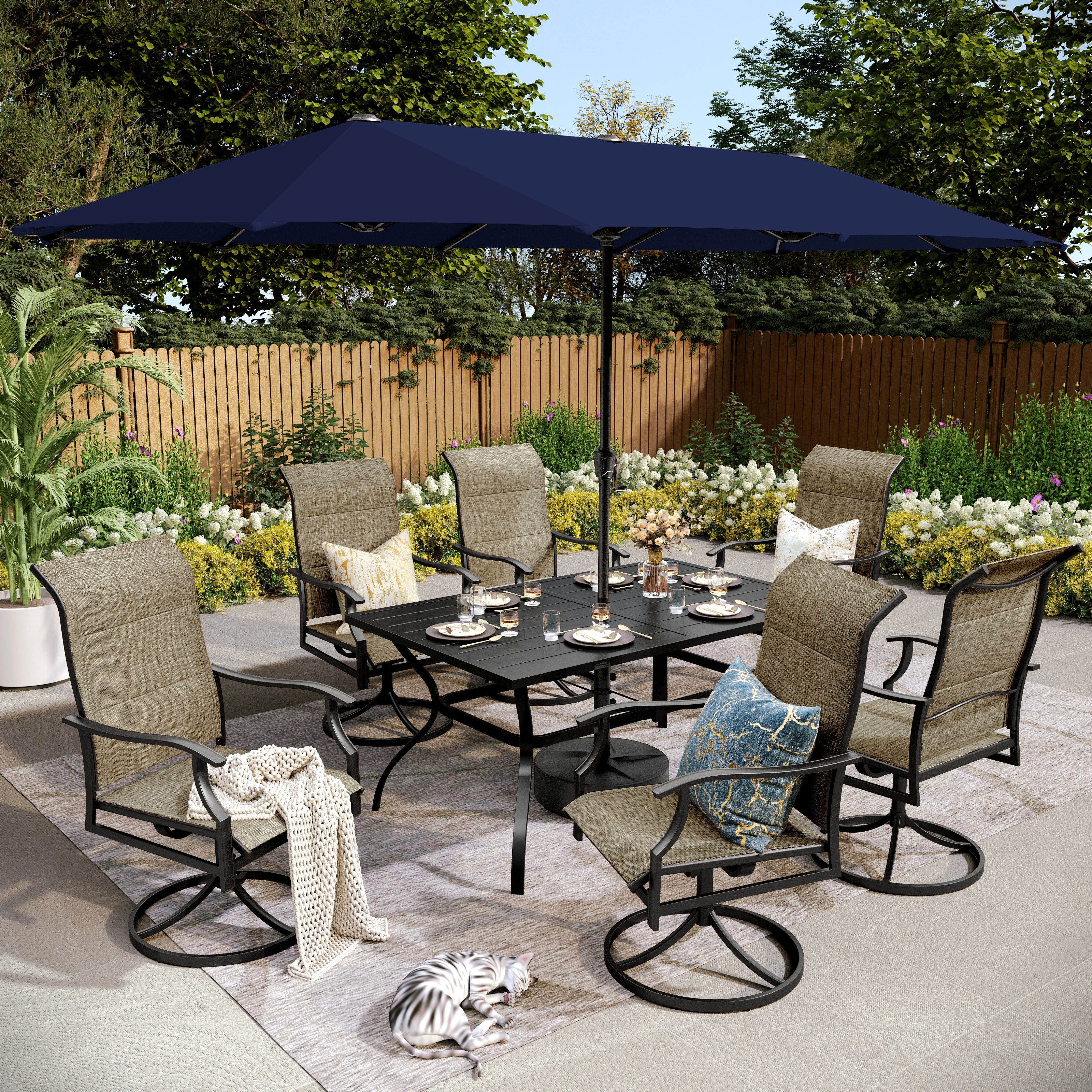 PHI VILLA 8-Piece 13ft Umbrella Patio Dining Set with High Back Textilene Swivel Chair and Metal Table