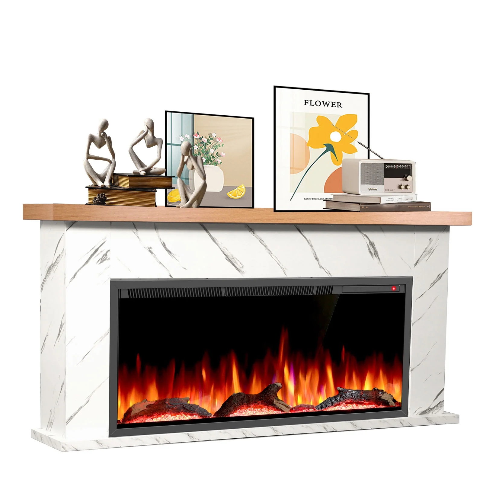 R.W.FLAME 63 Inch Electric Fireplace Mantel Wooden Surround Firebox with Adjustable Led Flame