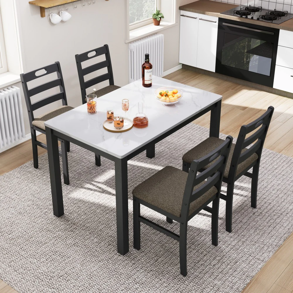 5-Piece Modern Farmhouse Dining Set with Faux Marble Tabletop & Rubber Wood Chairs- PHI VILLA