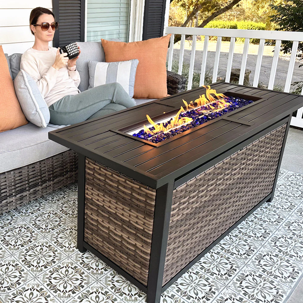 PHI VILLA 50,000 BTU Patio Fire Pit Table with Rattan Side Boards