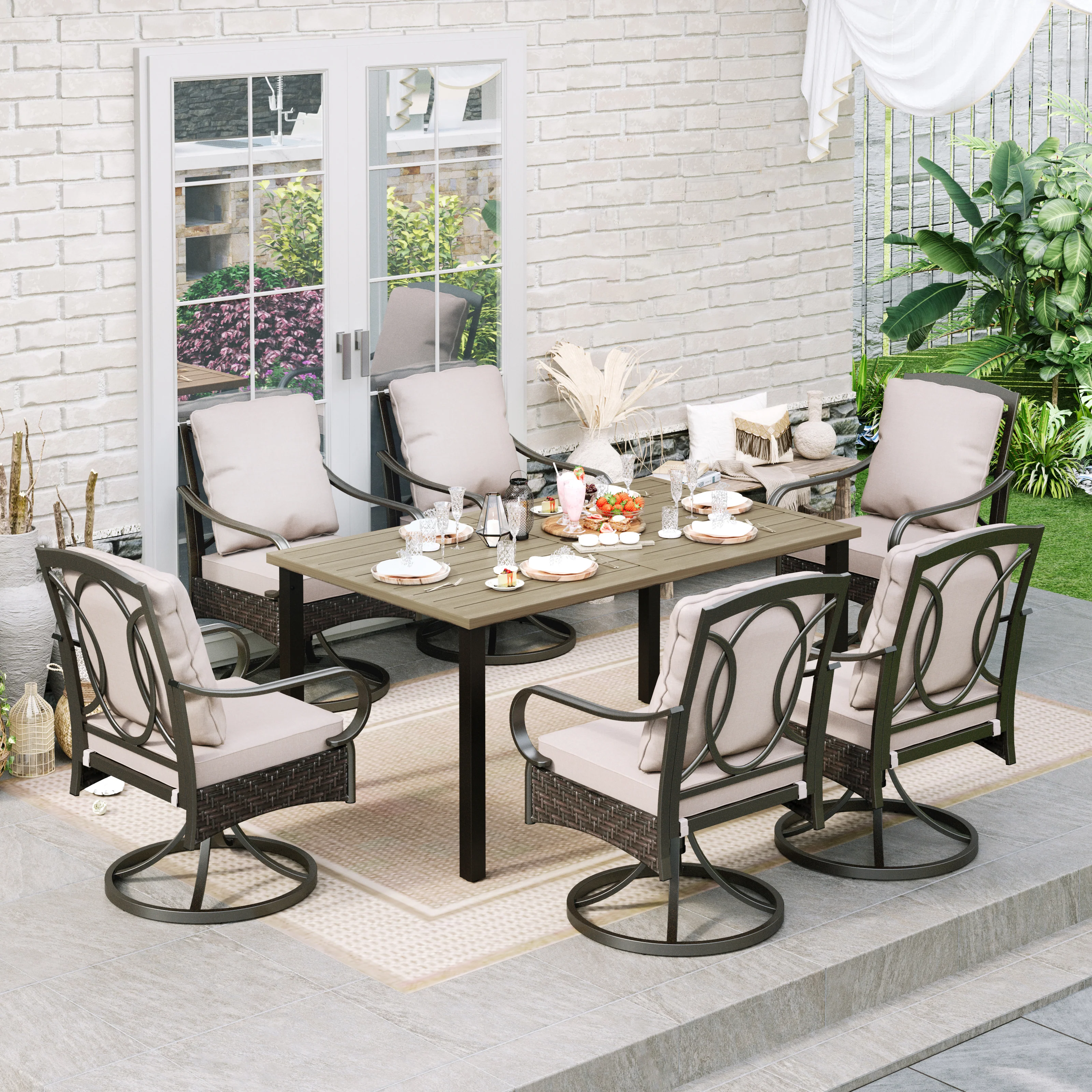 Sophia & William 7-Piece Teak-grain Table & Rattan-steel Cushion Swivel Chairs Patio Dining Sets