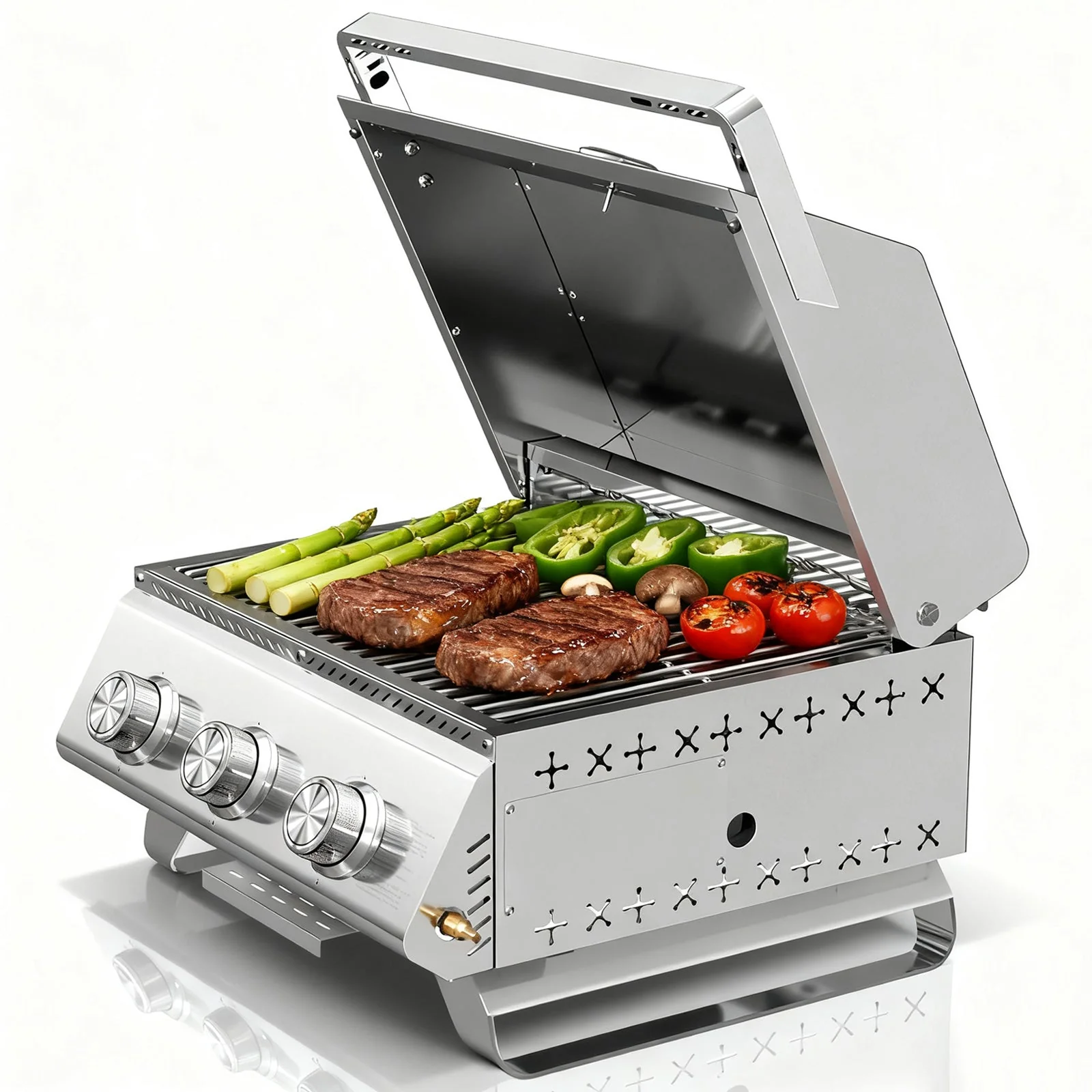 R.W.FLAME 3 Burner Tabletop Propane Gas Grill Stainless Steel Portable Outdoor BBQ Grill with Griddle