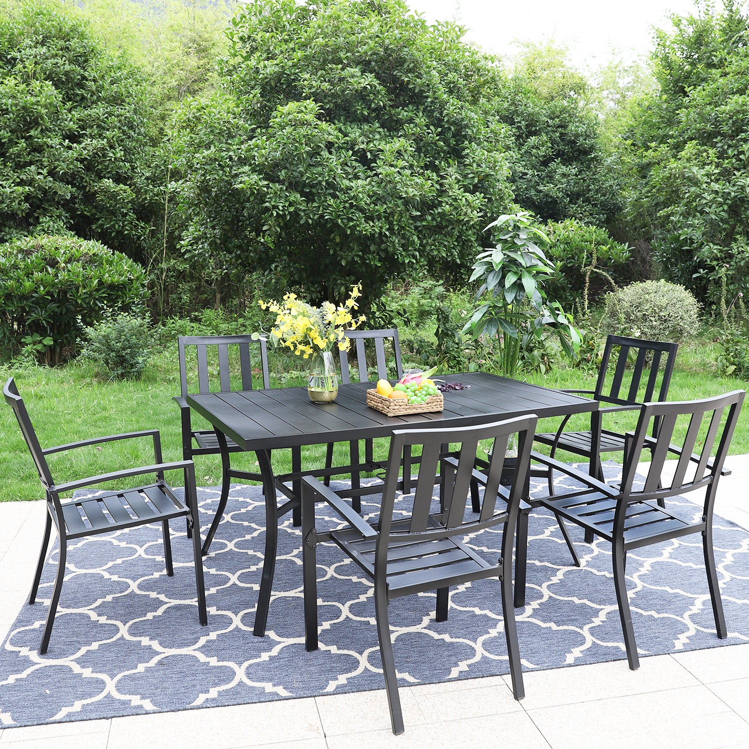 PHI VILLA 7-Piece Steel Panel Table and 6 Stackable Chairs Outdoor Patio Dining Sets