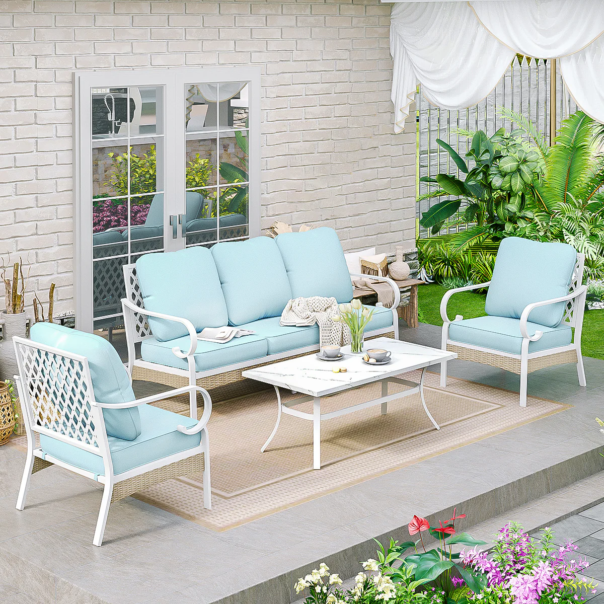 Phi Villa 5-Seater Porcelain White Enlarged Sofa Set for Backyard