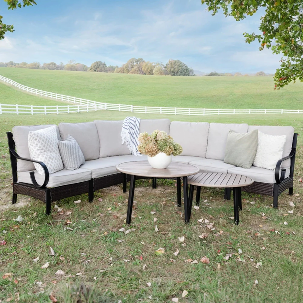 PHI VILLA Half-Moon Outdoor Patio Conversation Sofa Sets with E-Coating Technology