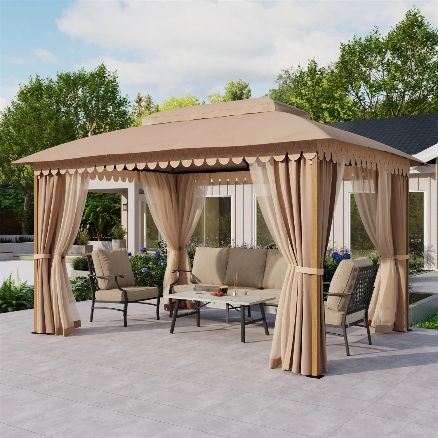 10' X 13' Patio Canopy Gazebo for Outdoor Relaxation with Netting & Curtain - Phi Villa