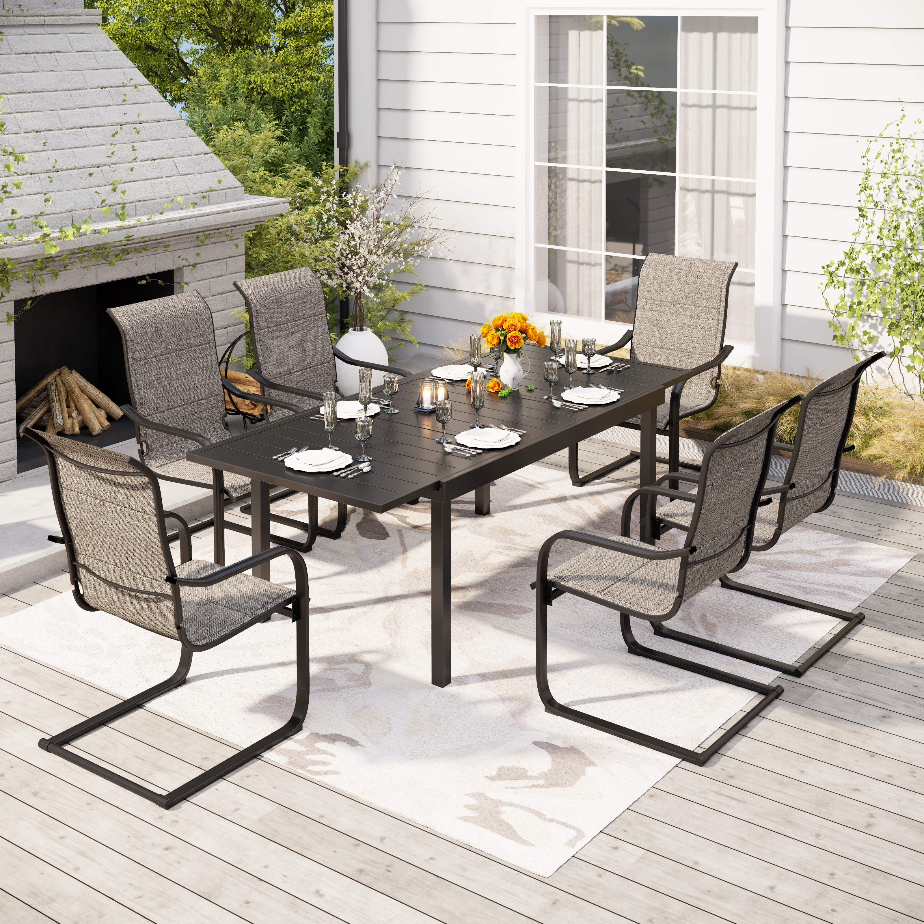 MFSTUDIO Adjustable Table & C-Spring Textilene Patio Chairs Steel Outdoor Dining Set