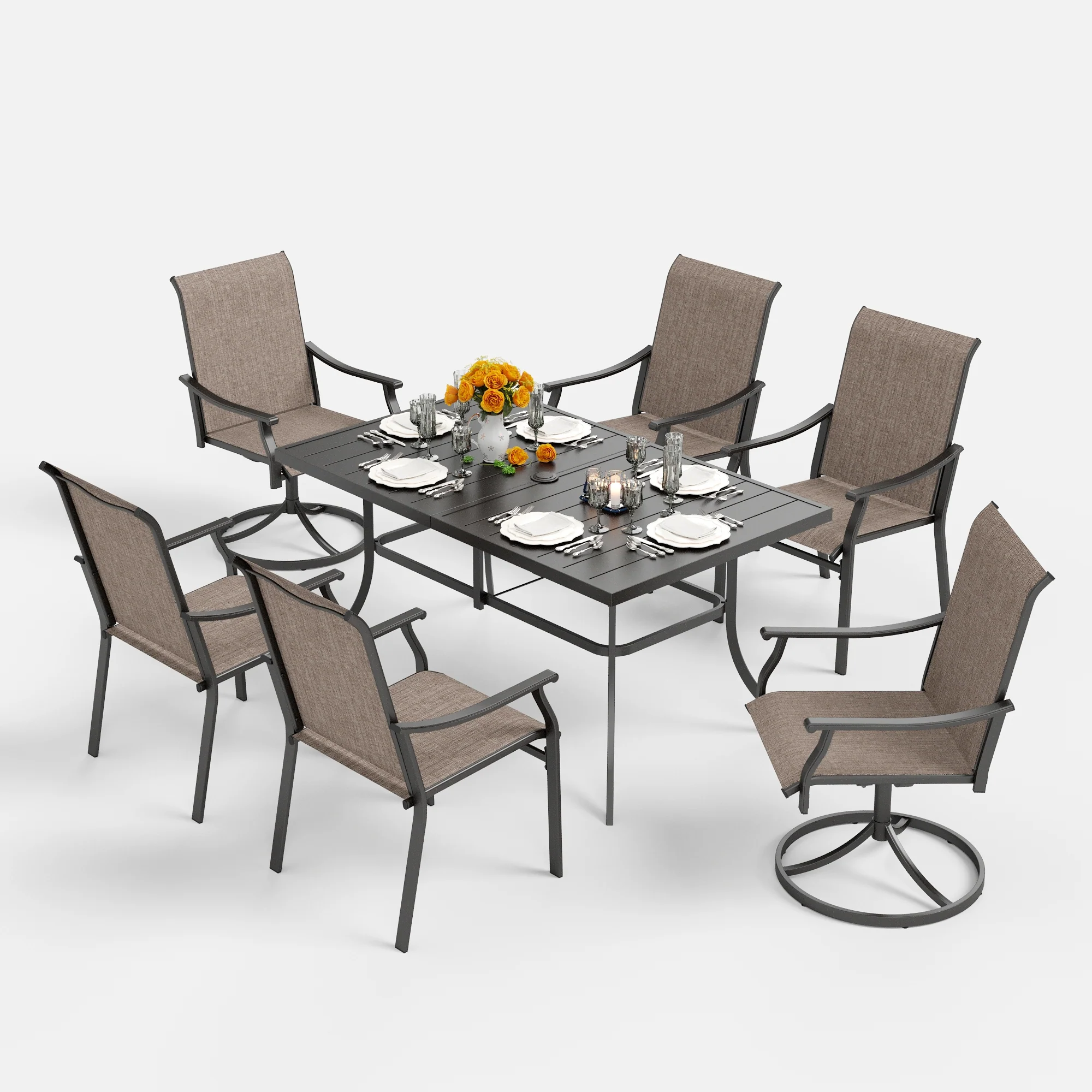 Sophia & William 7-Piece Patio Dining Set with Ergo Sling Fixed & Swivel Chairs and Steel Rectangle Table