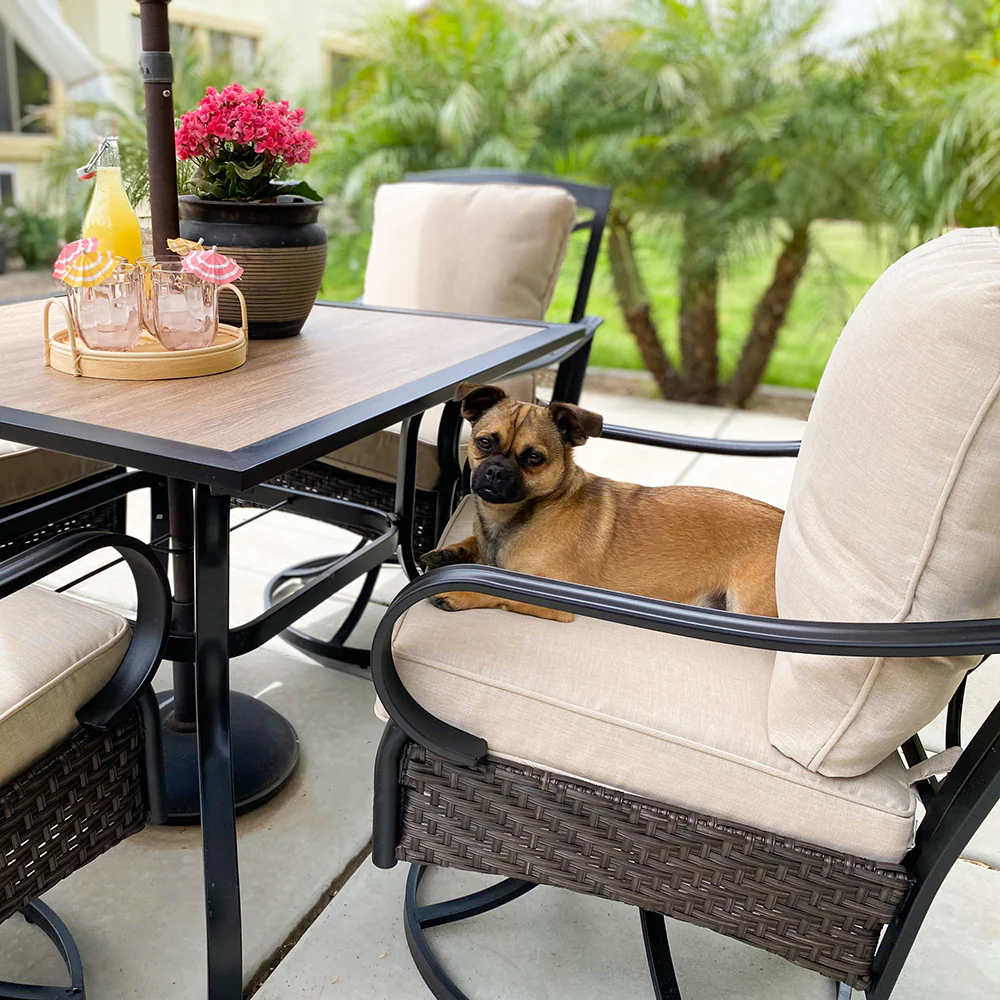 Sophia & William 5-Piece Wood-look Table/Round Metal Table & Cushioned Rattan-steel Chairs Outdoor Dining Set