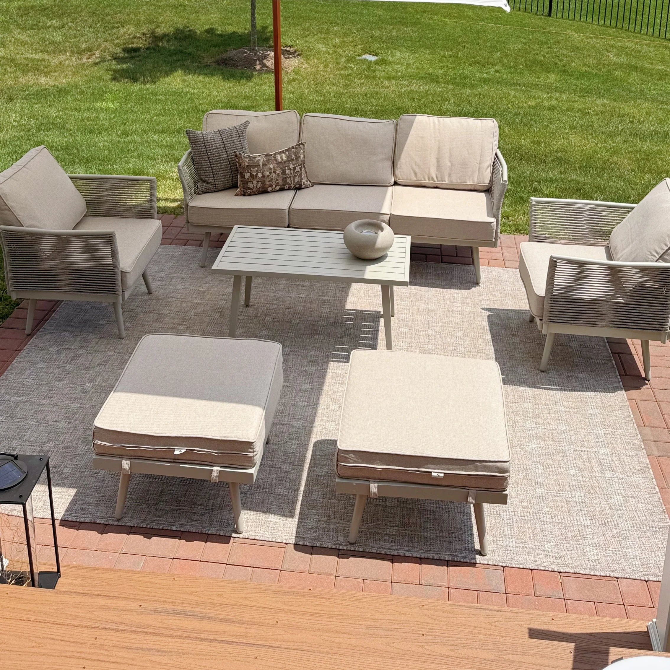 Phi Villa 5 Seats Wicker Patio Conversation Sofa Set with Classic Rope Rattan Style