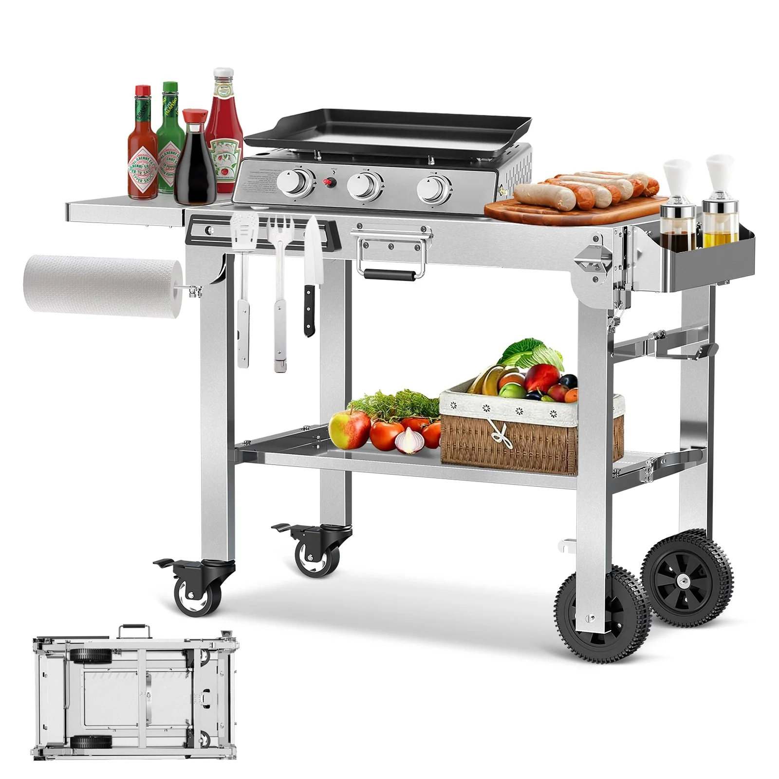 R.W.FLAME Folding Stainless Steel Grill Prep Table with Wheels for Camping Tailgating Cooking