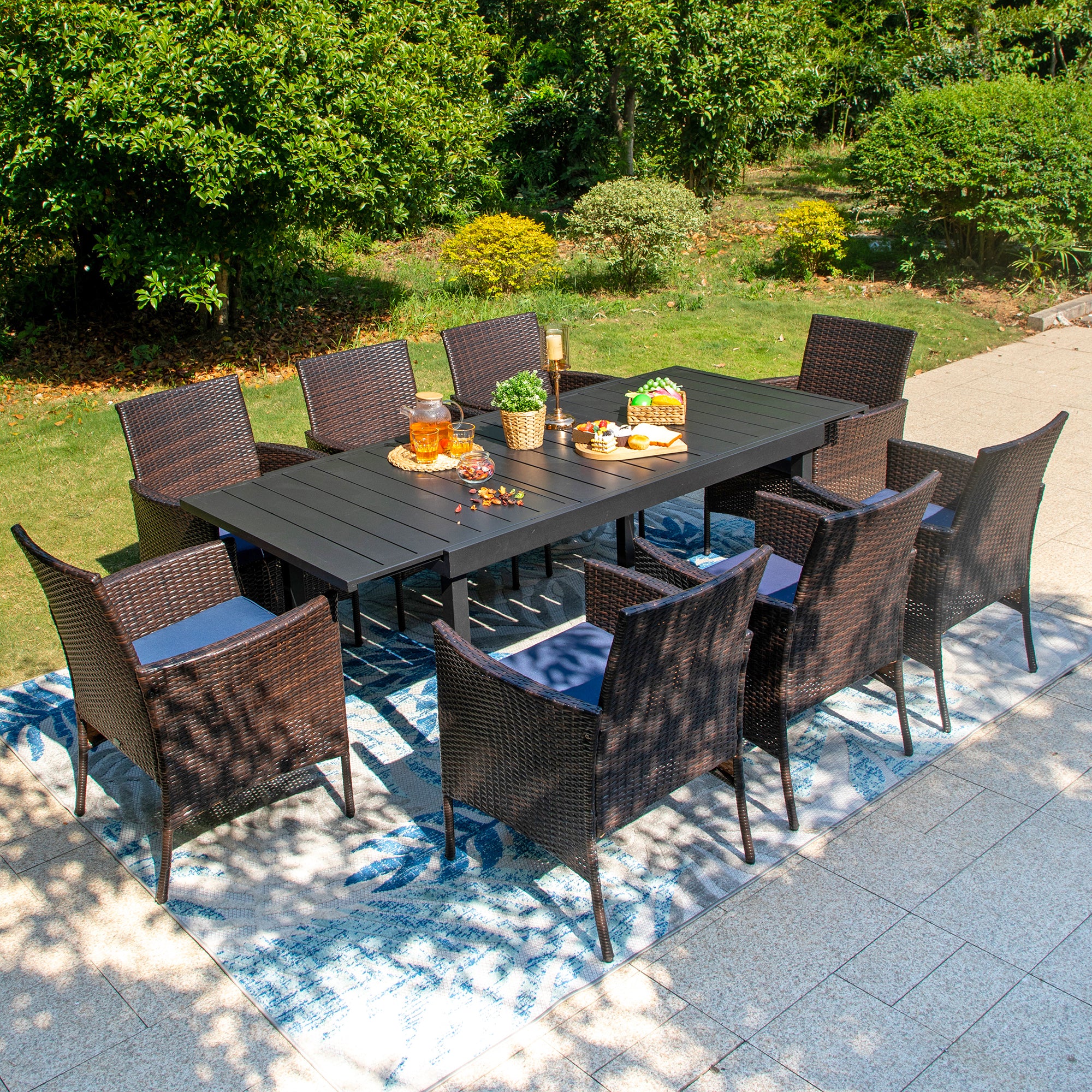 PHI VILLA Rattan Wicker Cushioned Dining Chairs Set with Extendable Table