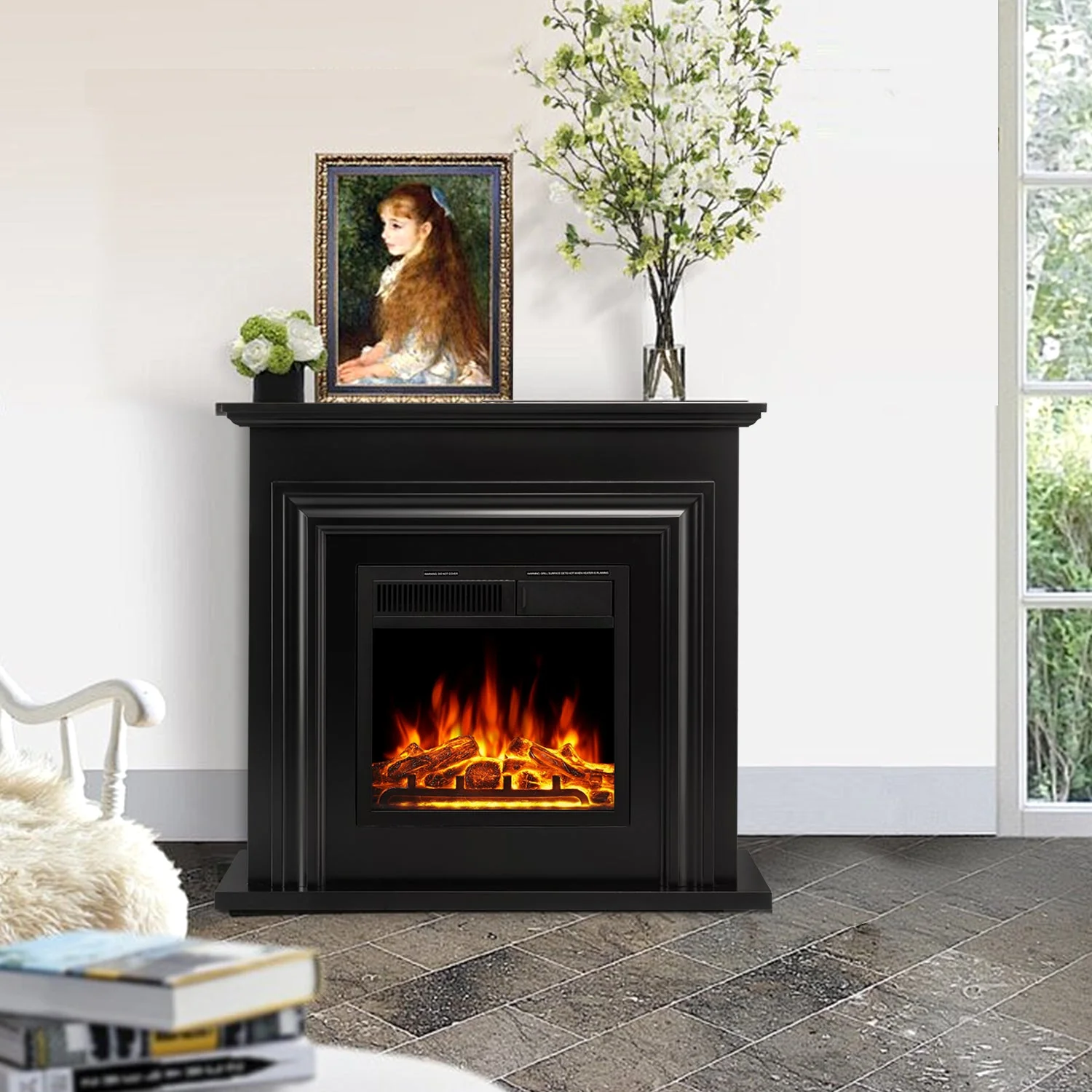 R.W.FLAME 36 Inch Electric Fireplace Mantel Wooden Surround Firebox with Adjustable Led Flame, 750W/1500W