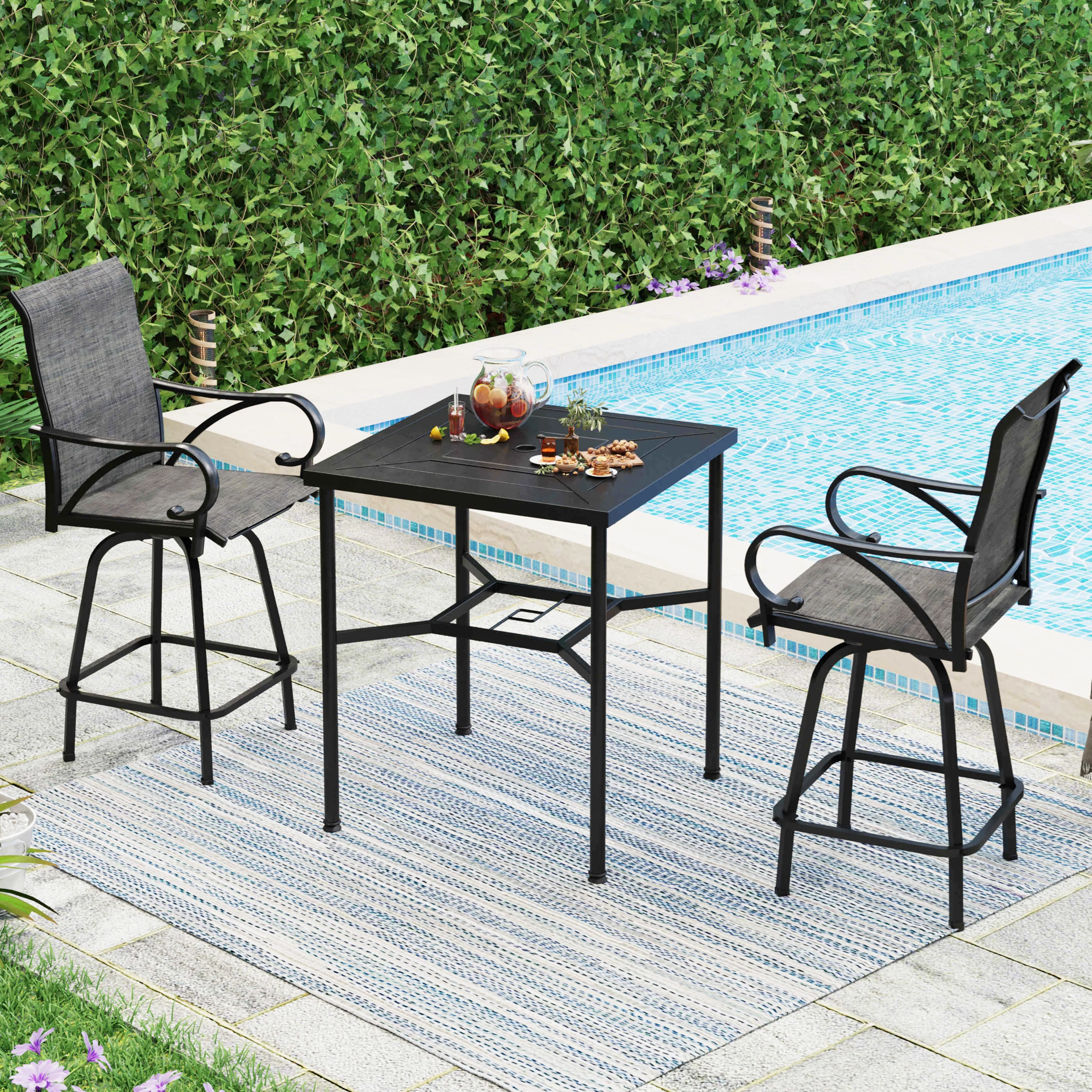 Sophia & William Patio High Bar Stool Set Geometrically Stamped Table & Grey Textilene Sling Fabric Swivel Bar Stools