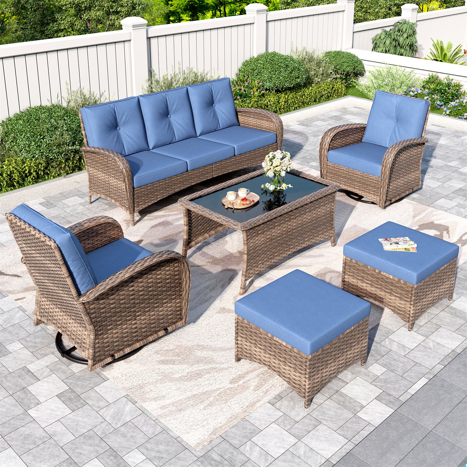 5 Seats Wicker Outdoor Conversation Sofa Set with Swivel Glider & 2 Ottomans - Phi Villa