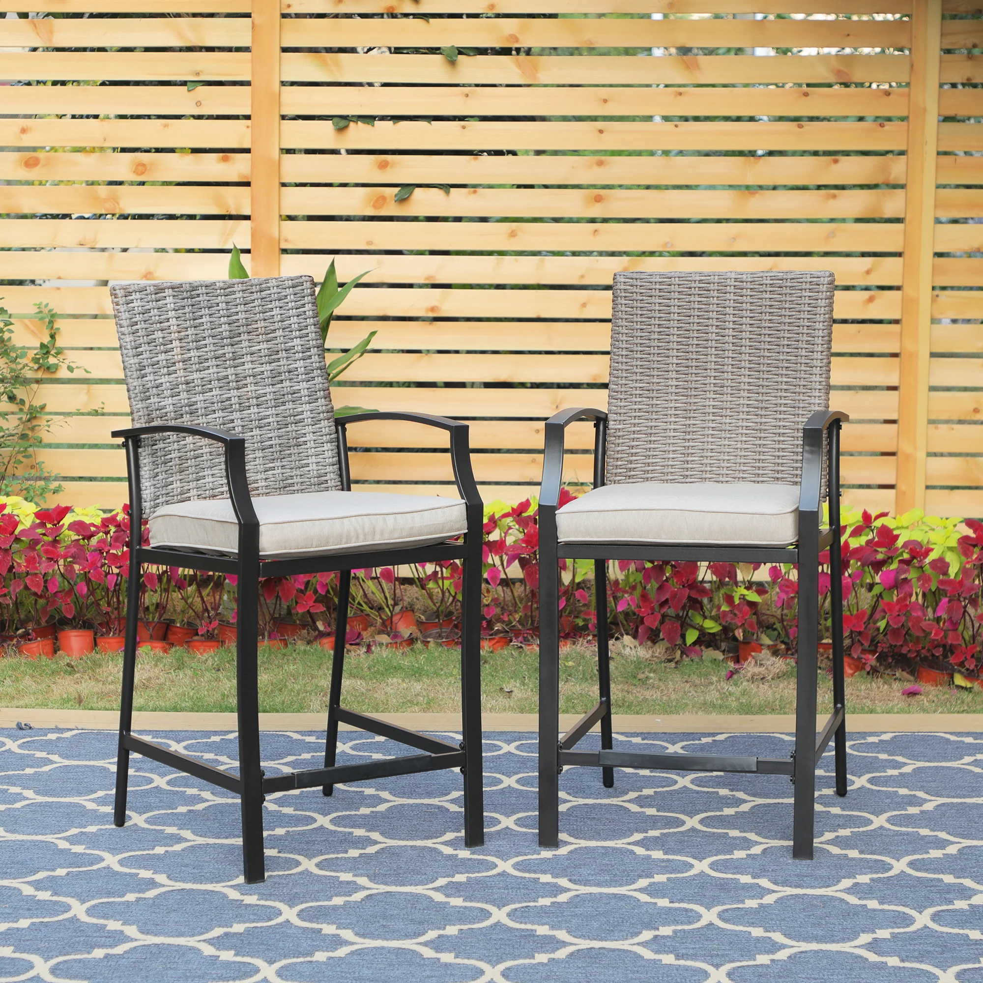 PHI VILLA 2-Piece Rattan Chair Back Cushioned High Bar stool